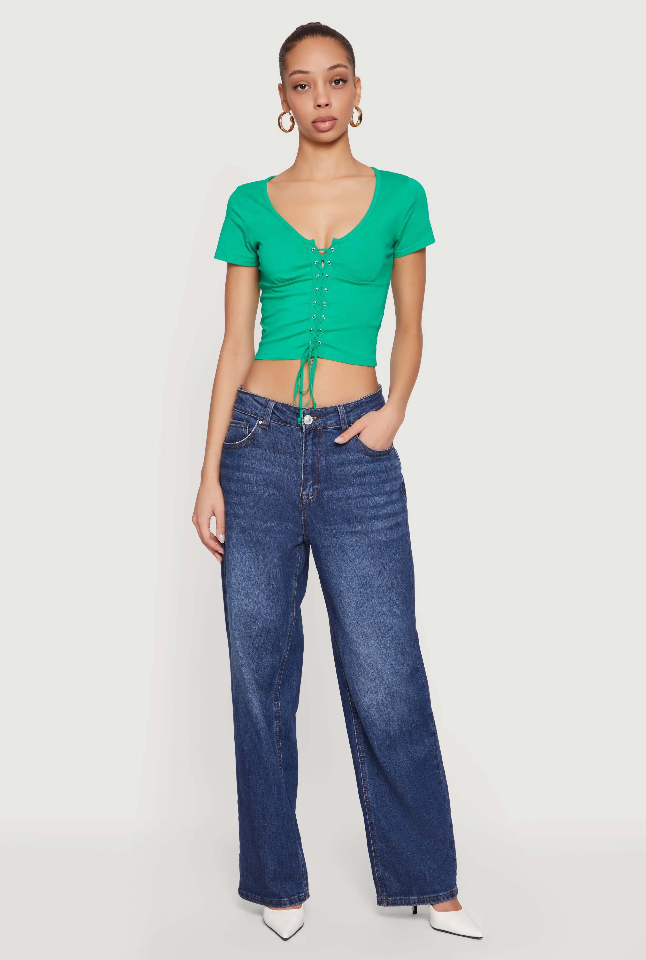 Lace Up Front Short Sleeve V-Neck Crop Top sold by Rainbow