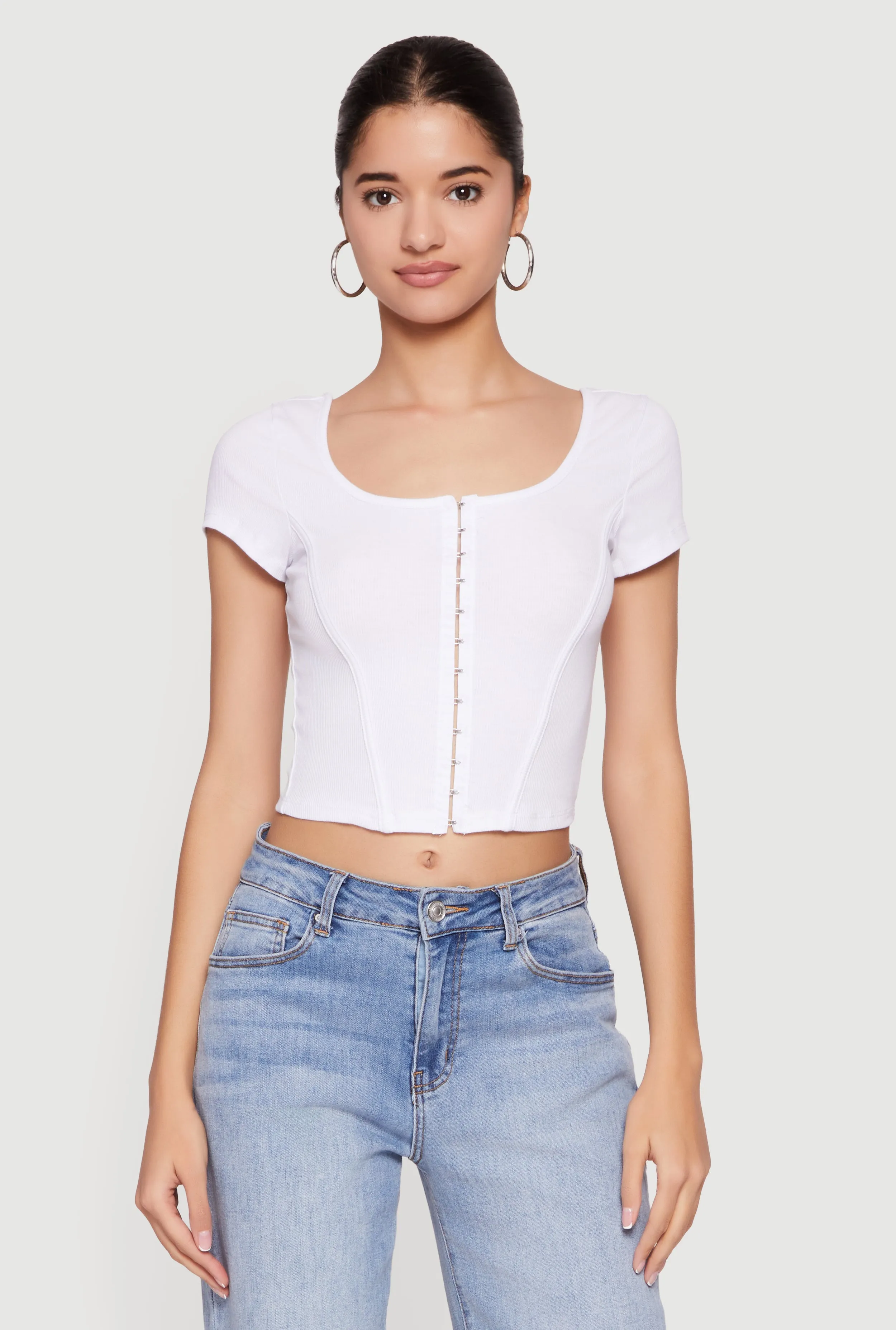 Rib Knit Hook and Eye Front Corset Crop Top sold by Rainbow product image thumbnail 2