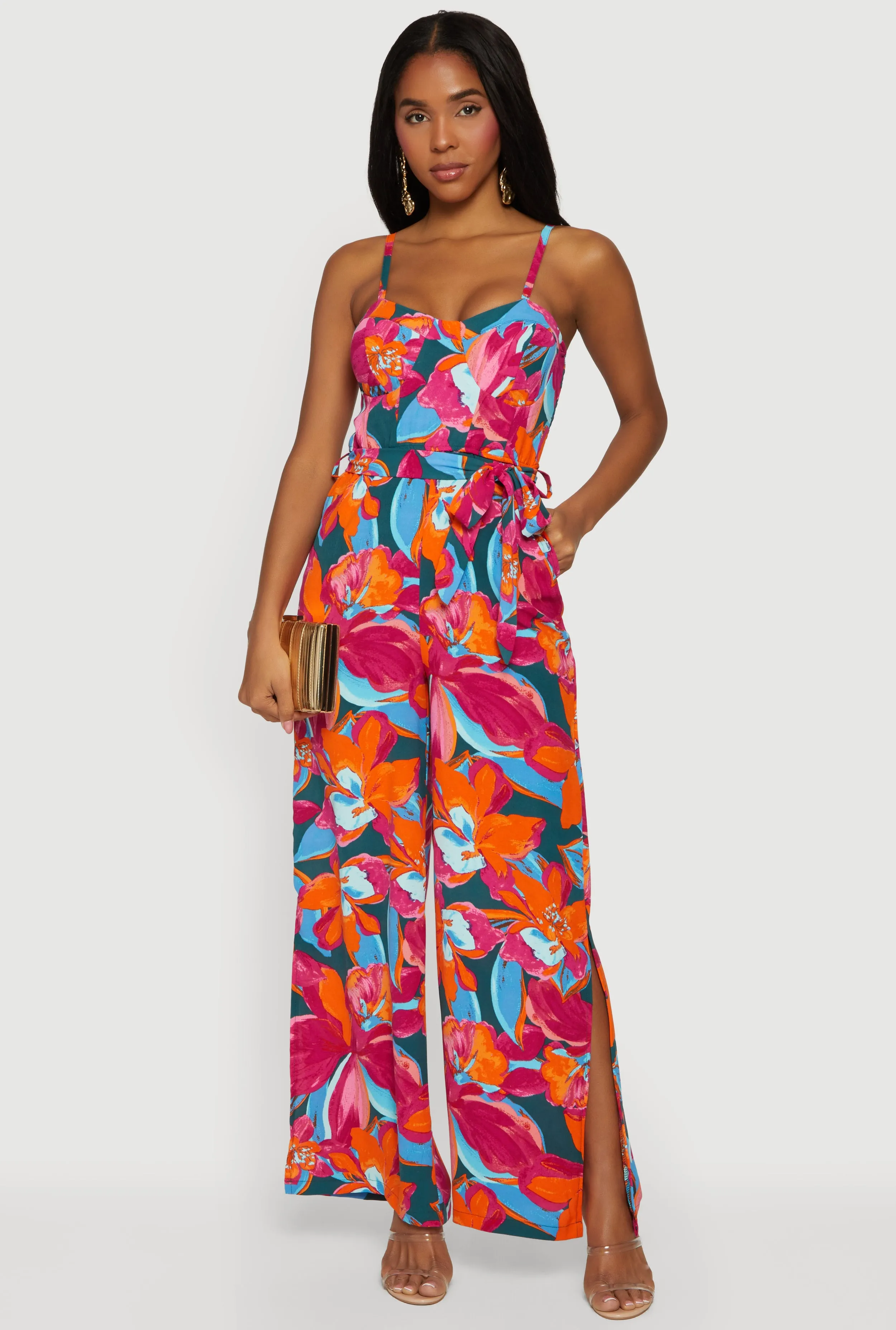 Crepe Knit Patterned Jumpsuit with Tie Waist Belt sold by Rainbow