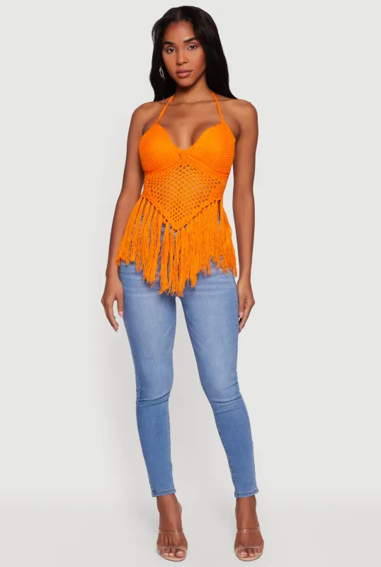 Crochet Tie Back Fringe Halter Top sold by Rainbow