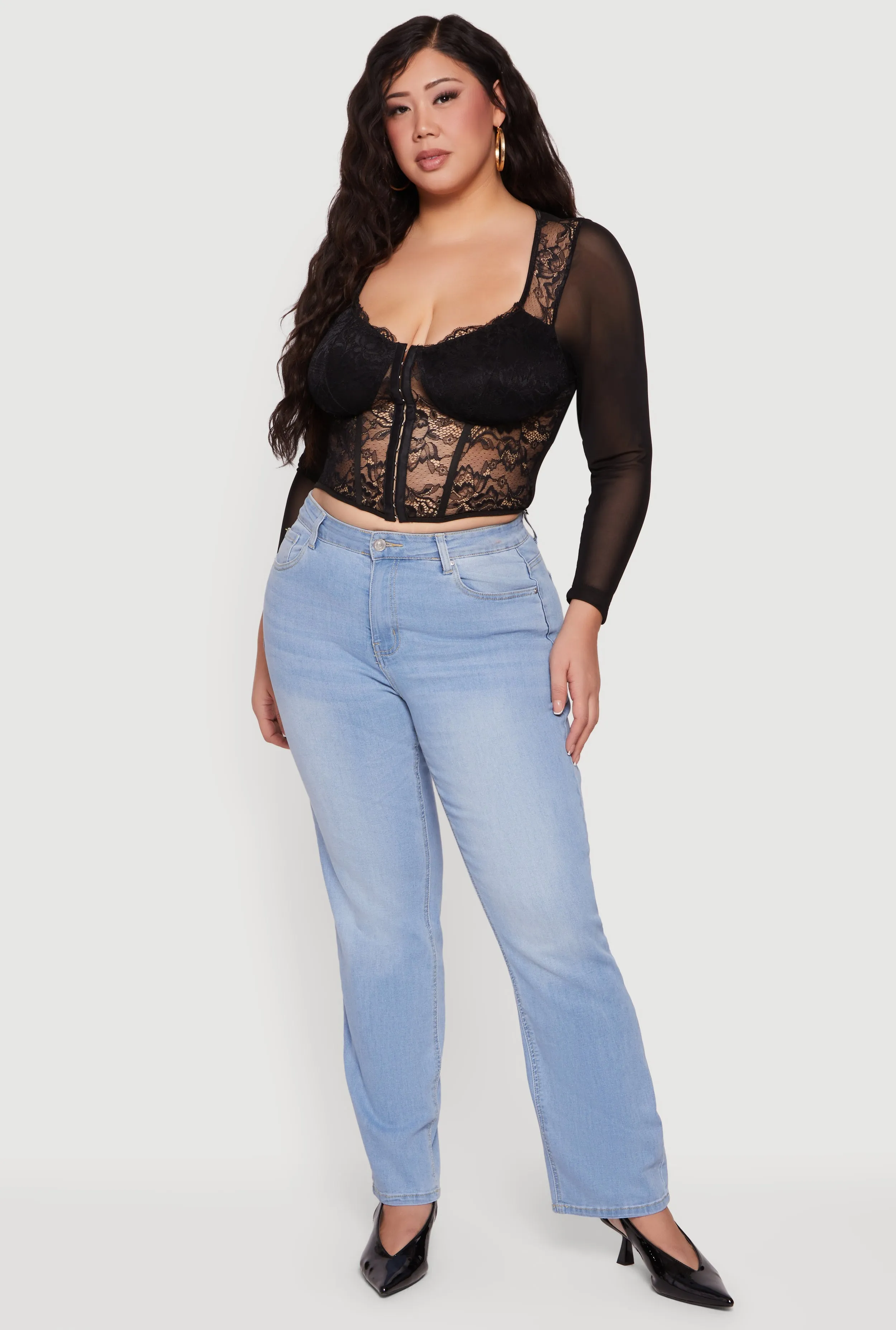 Plus Size Lace Long Sleeve Corset Crop Top sold by Rainbow