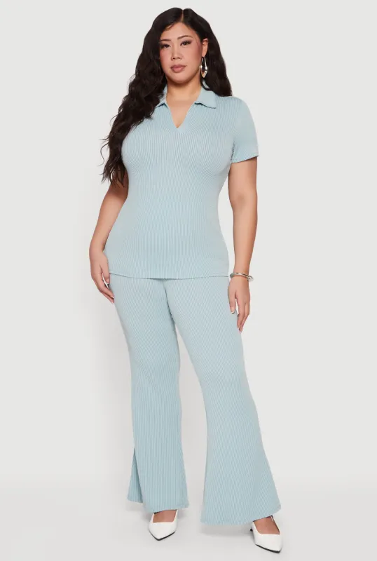 Plus Size Solid Rib Knit High Waisted Wide Leg Pants sold by Rainbow