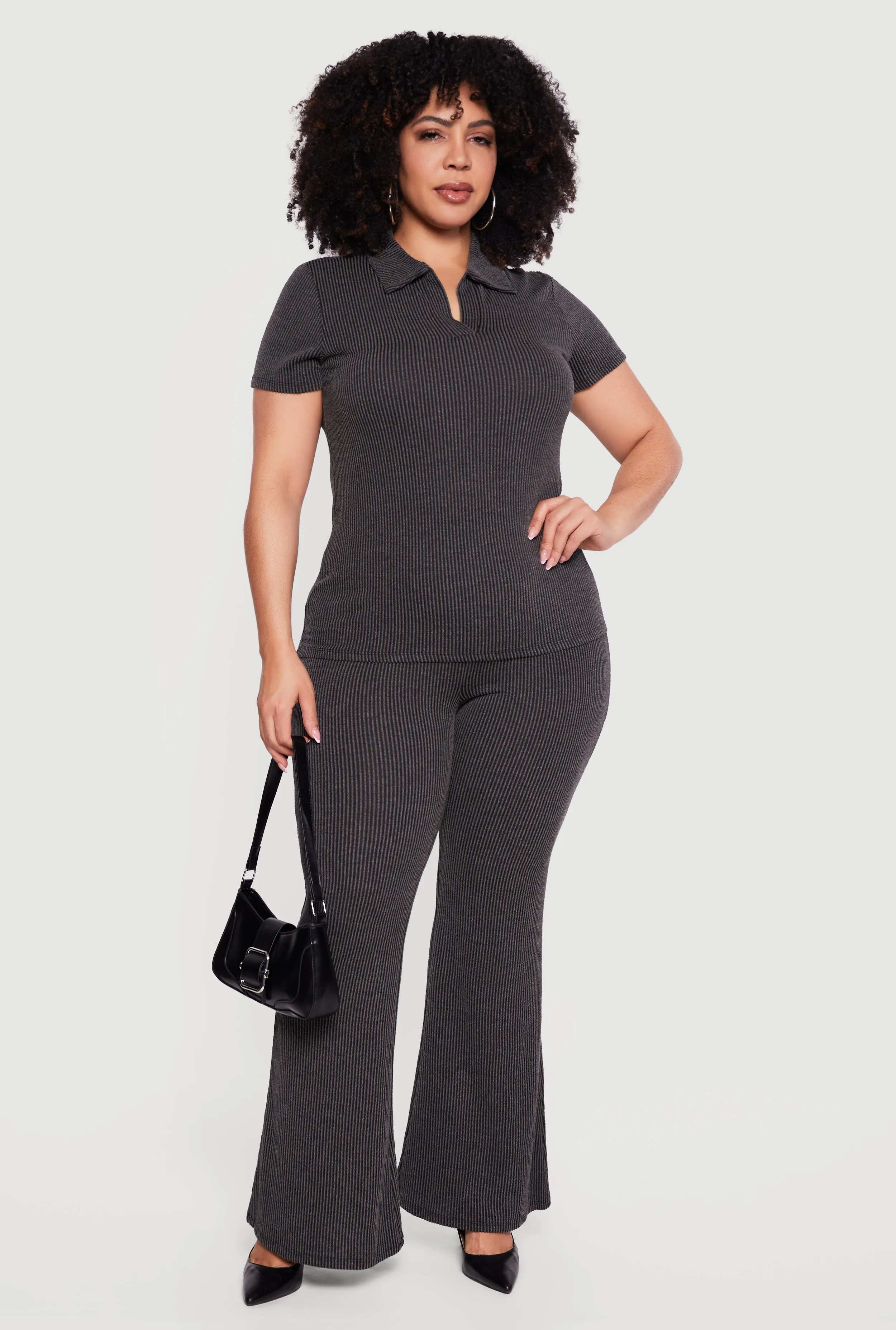 Plus Size Solid Rib Knit High Waisted Wide Leg Pants sold by Rainbow