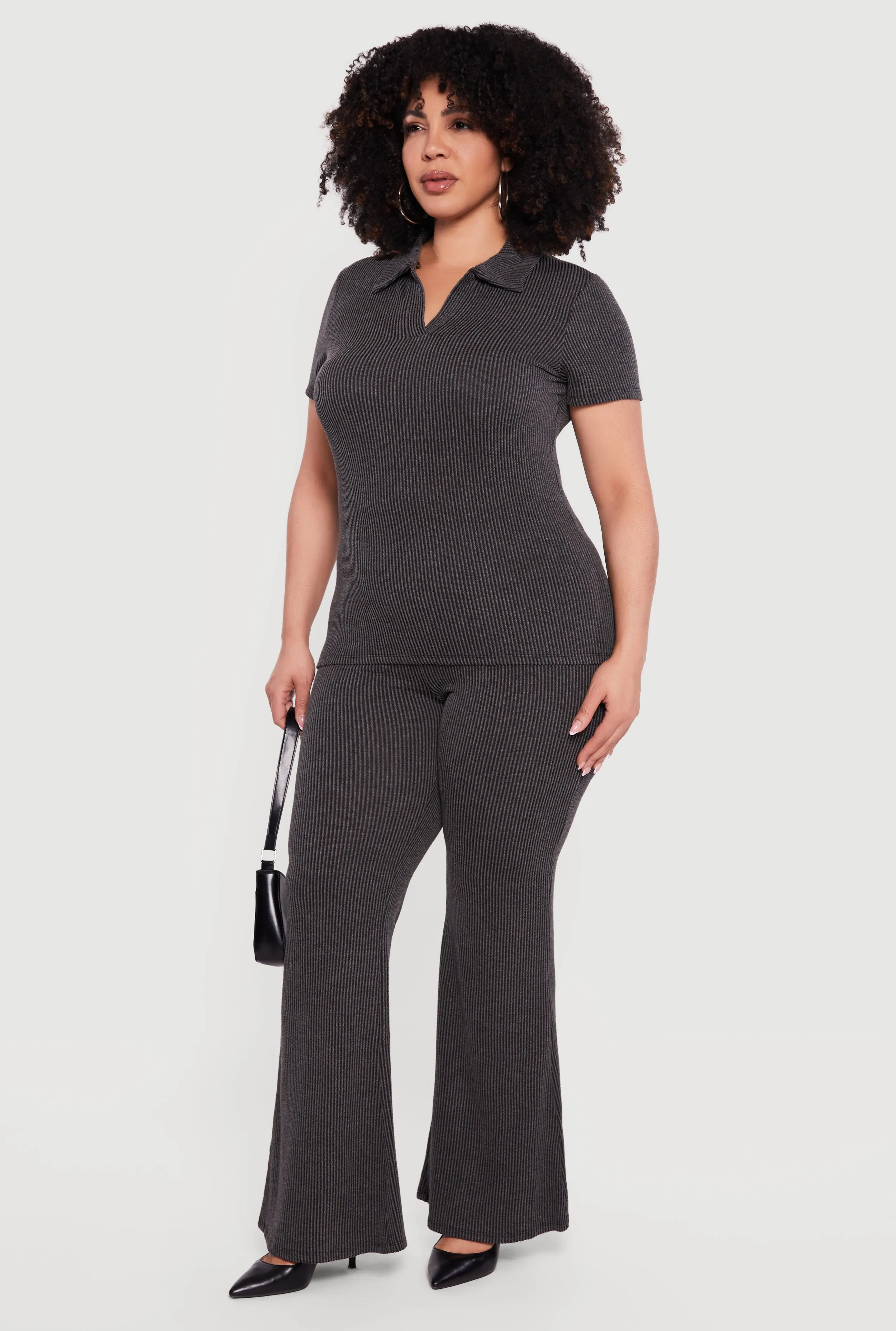 Plus Size Solid Rib Knit High Waisted Wide Leg Pants sold by Rainbow product image thumbnail 2