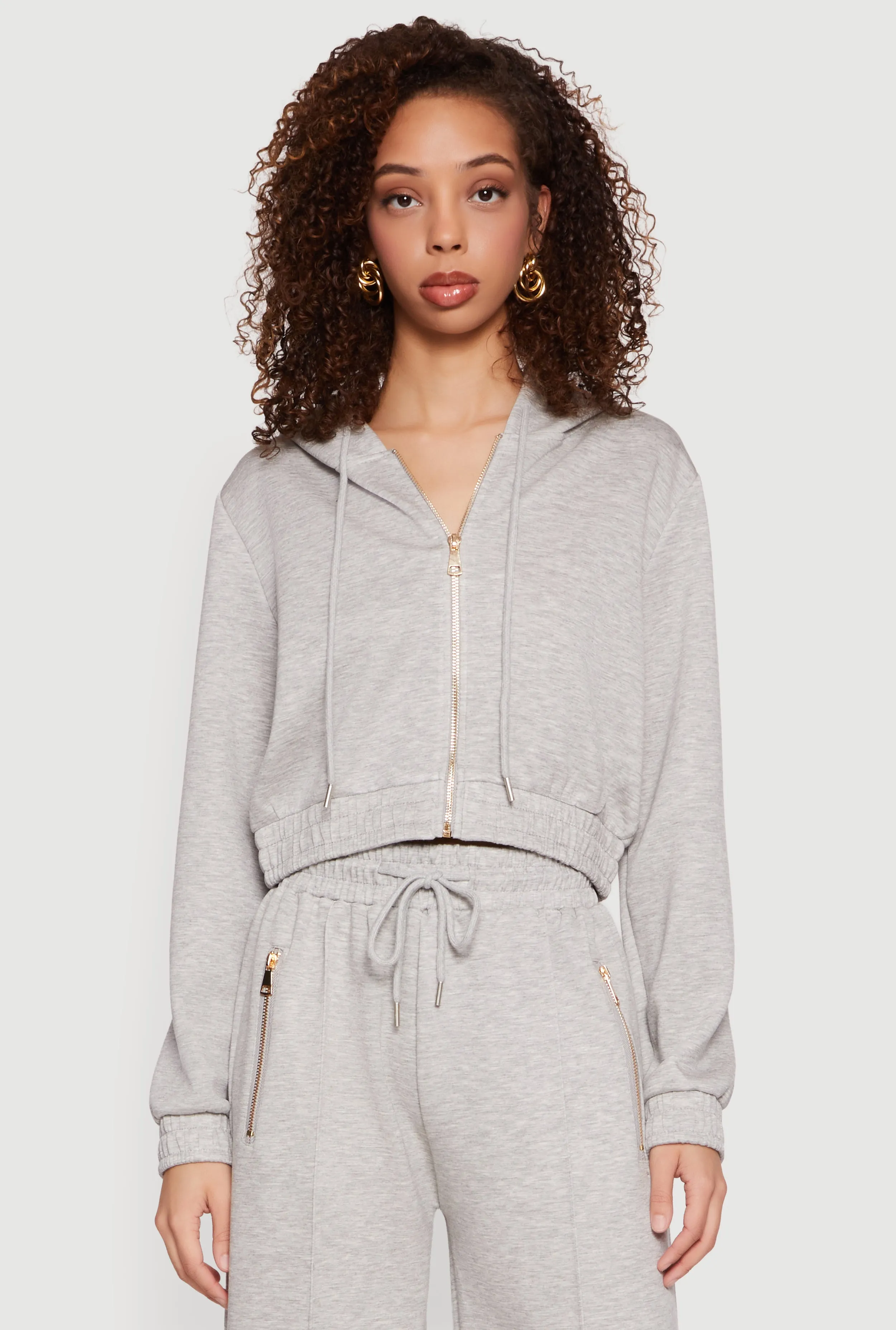 Cropped Long Sleeve Zip Front Drawstring Hoodie sold by Rainbow