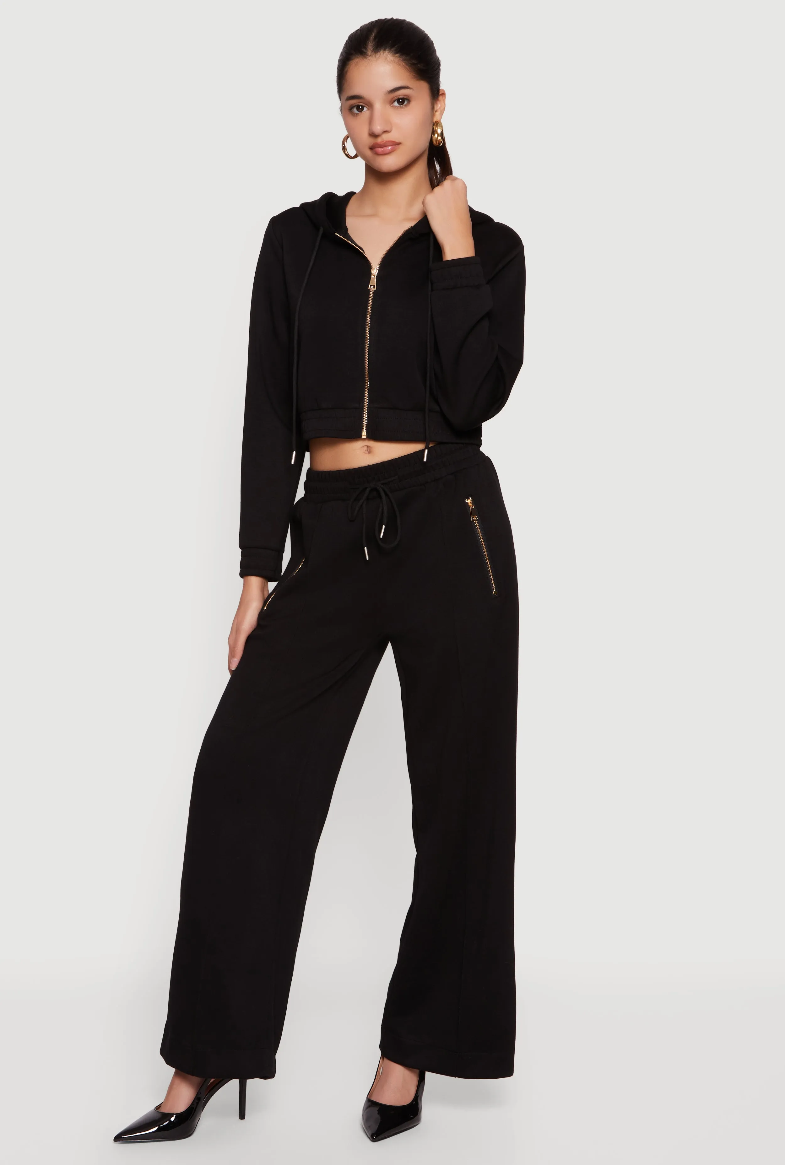 Cropped Long Sleeve Zip Front Drawstring Hoodie sold by Rainbow product image thumbnail 2