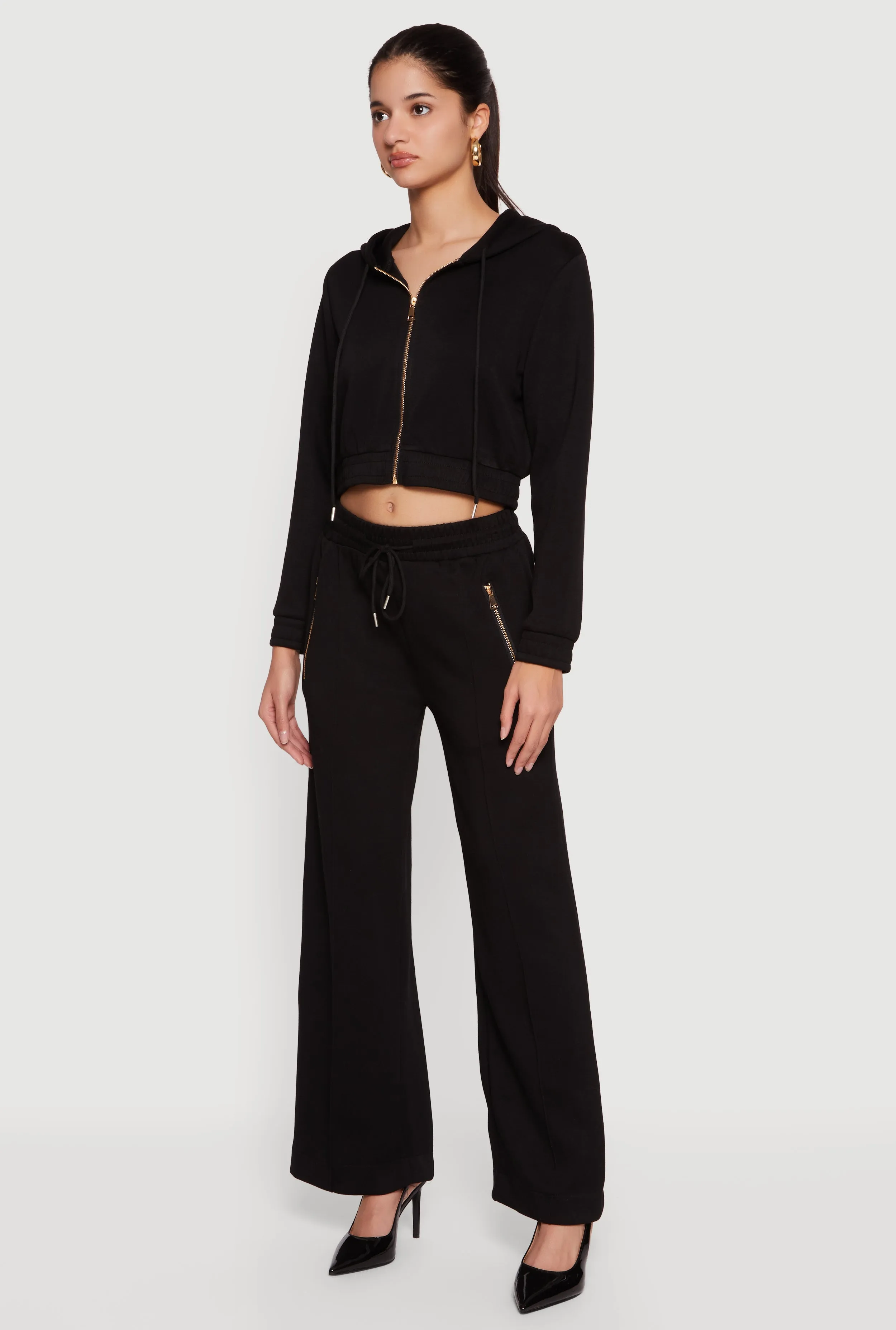 Cropped Long Sleeve Zip Front Drawstring Hoodie sold by Rainbow product image thumbnail 3