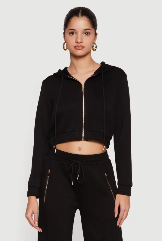 Cropped Long Sleeve Zip Front Drawstring Hoodie sold by Rainbow