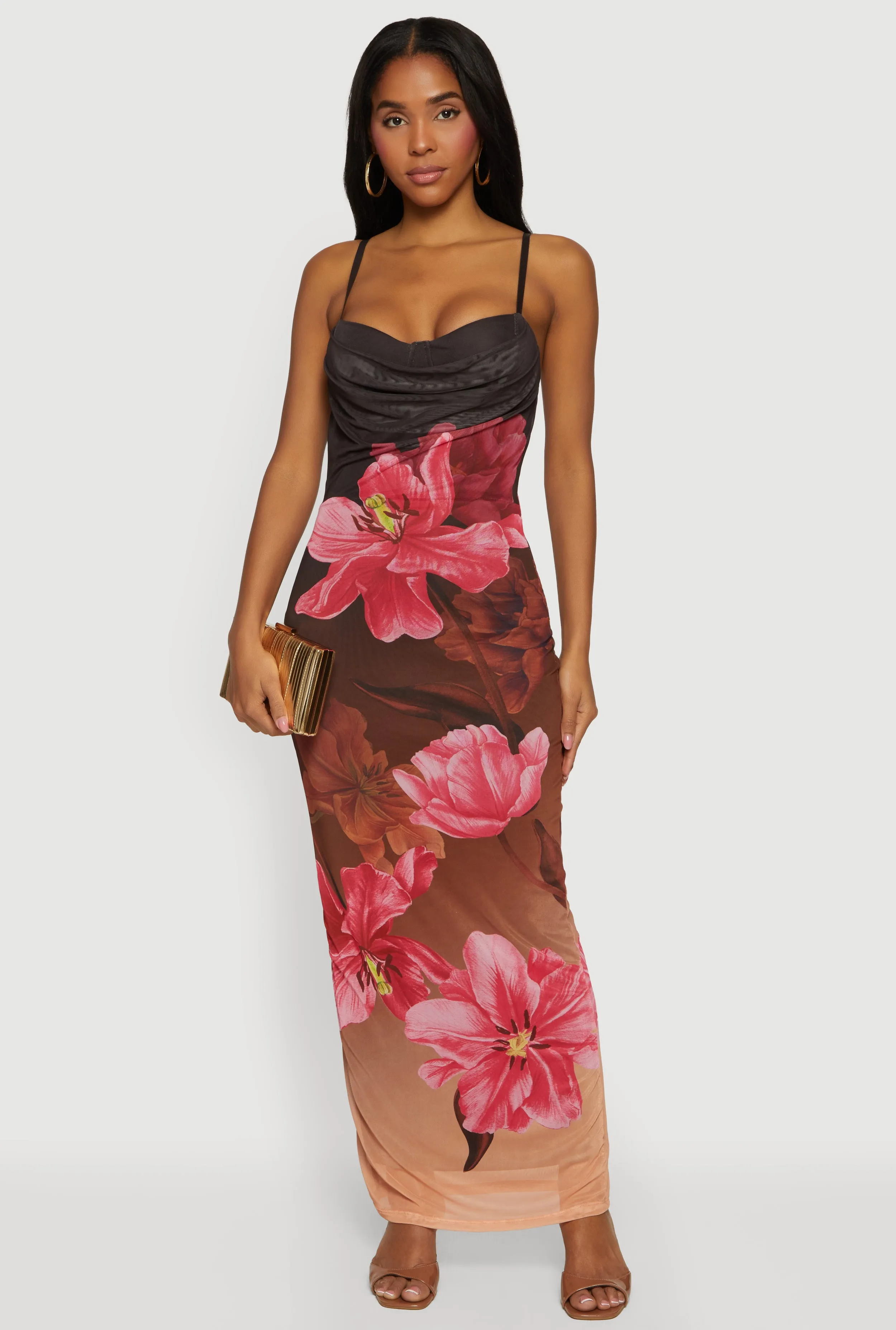 Almost Famous Sweetheart Cowl Neck Floral Bustier Dress sold by Rainbow