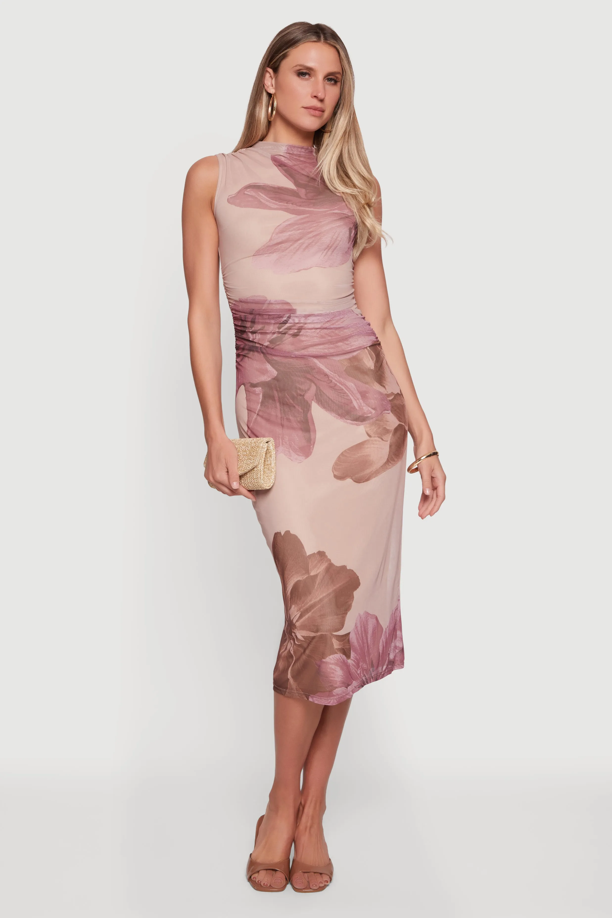 Almost Famous Floral Mesh Ruched Side Dress sold by Rainbow