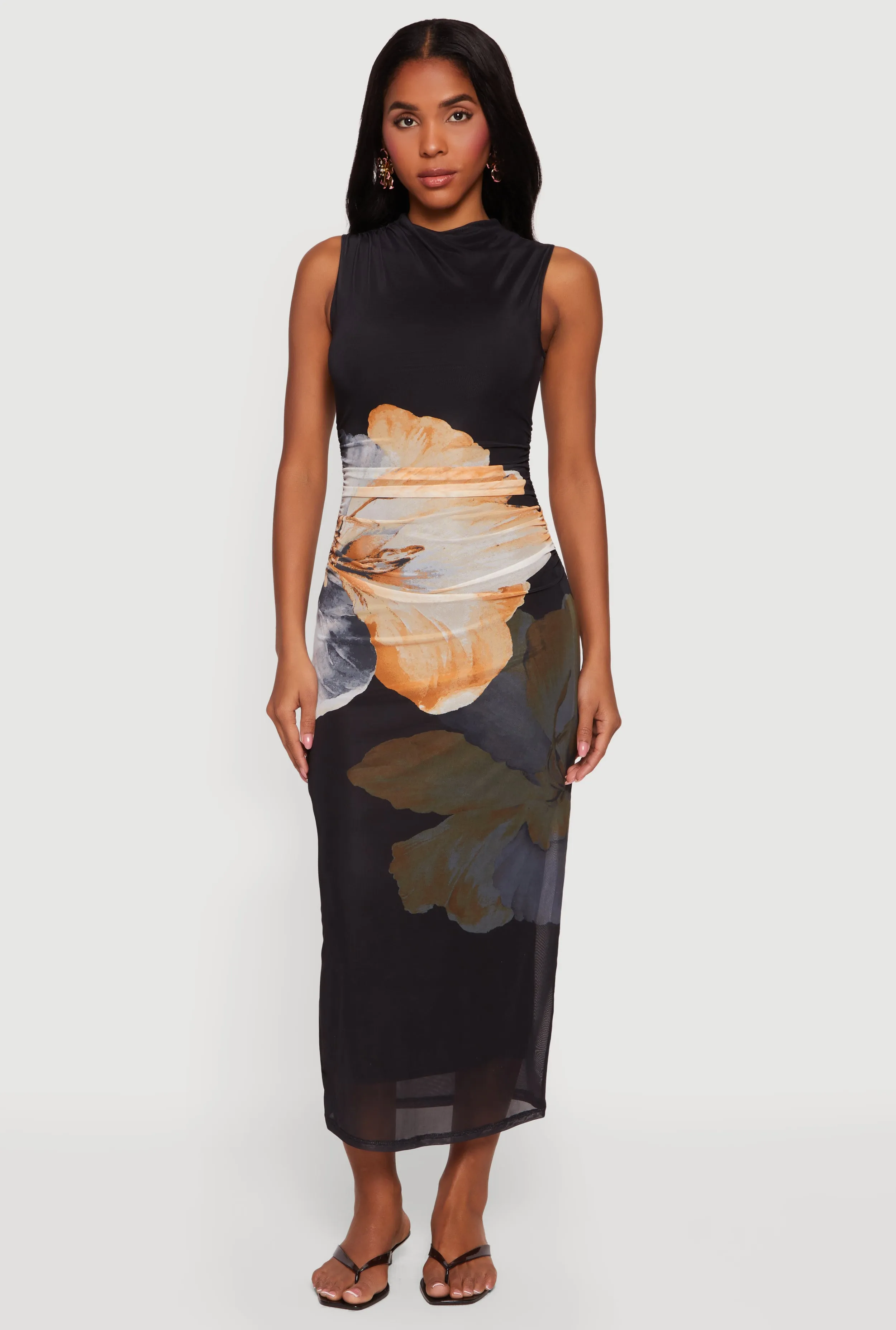 Almost Famous Floral Mesh Ruched Side Dress sold by Rainbow