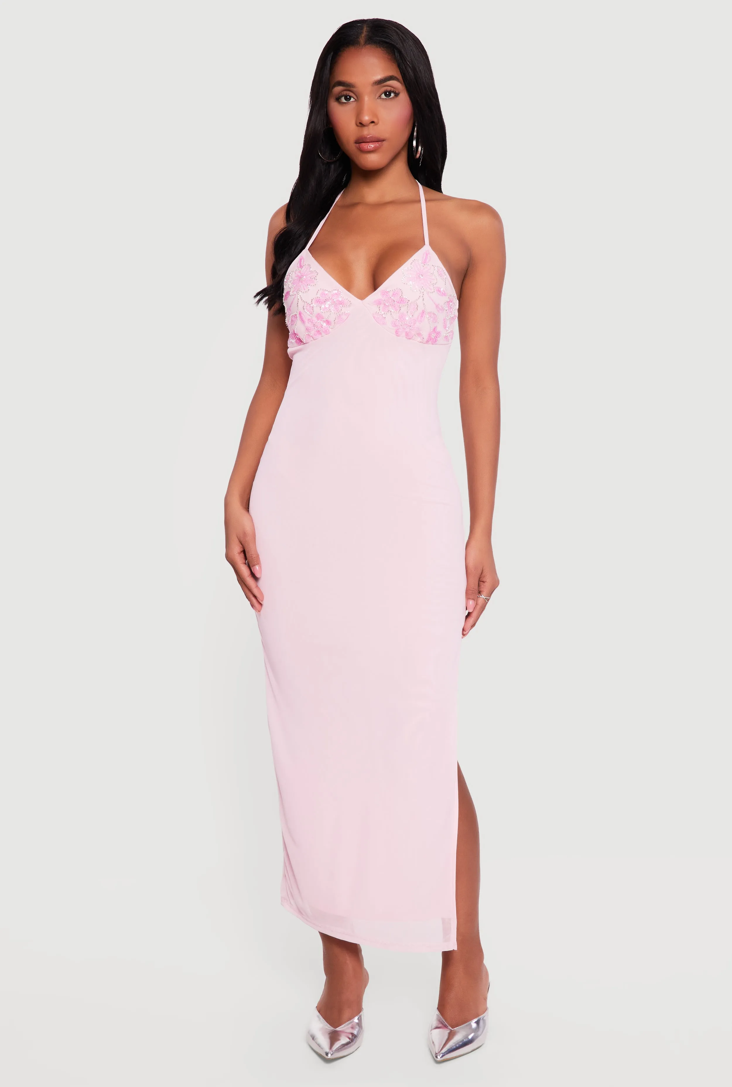 Floral Sequin Beaded Side Slit Halter Maxi Dress sold by Rainbow