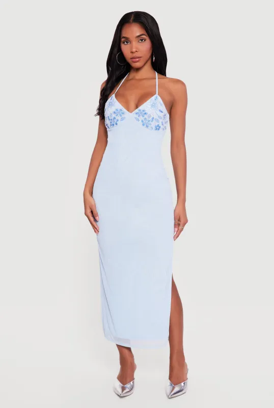 Floral Sequin Beaded Side Slit Halter Maxi Dress sold by Rainbow