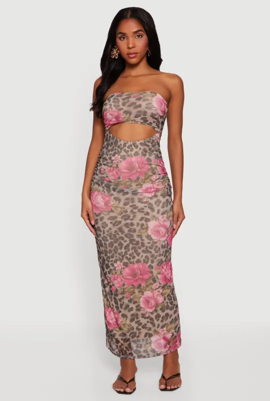 Patterned Keyhole Front Ruched Maxi Tube Dress sold by Rainbow