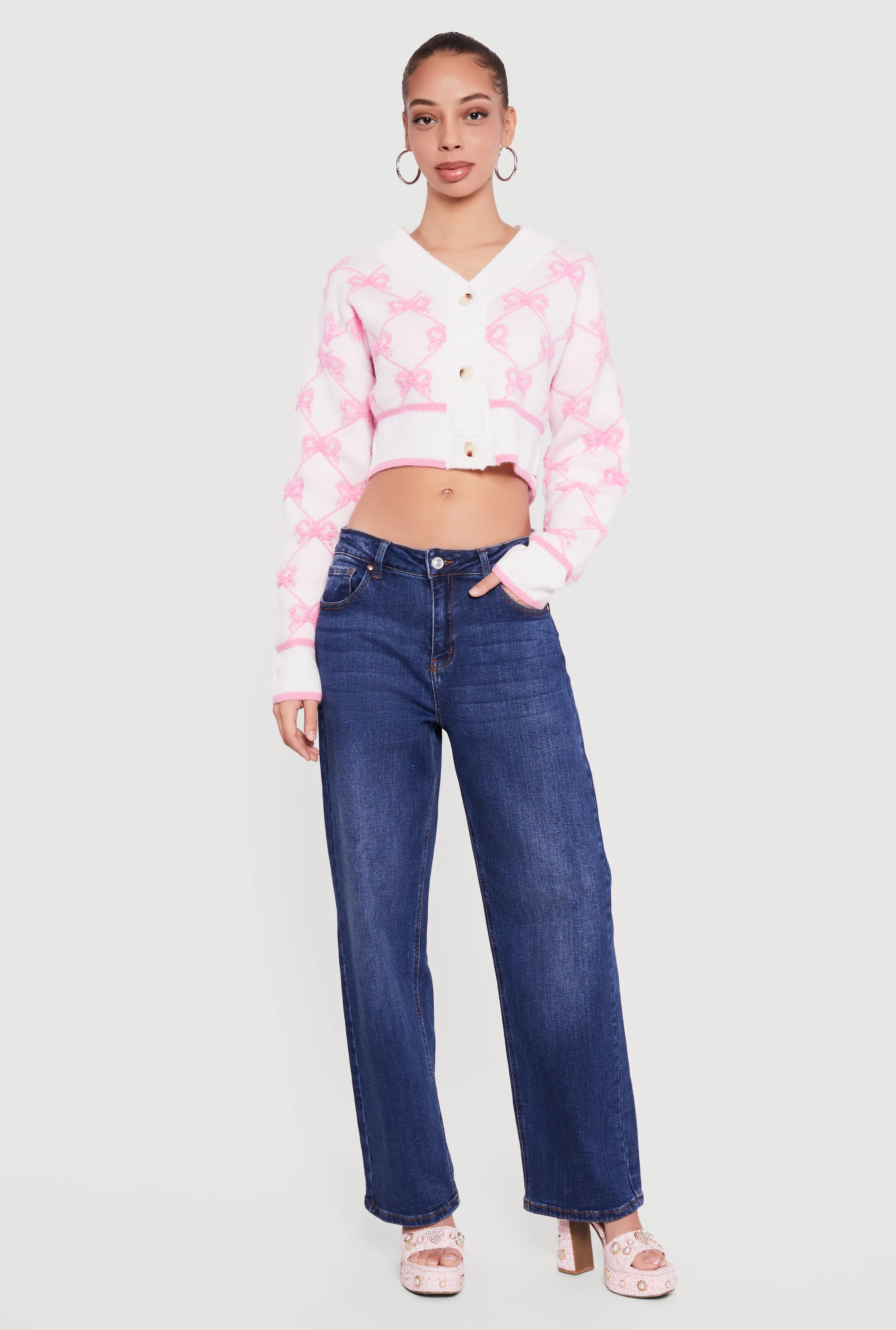 Bow Print Cropped Button Front Cardigan sold by Rainbow