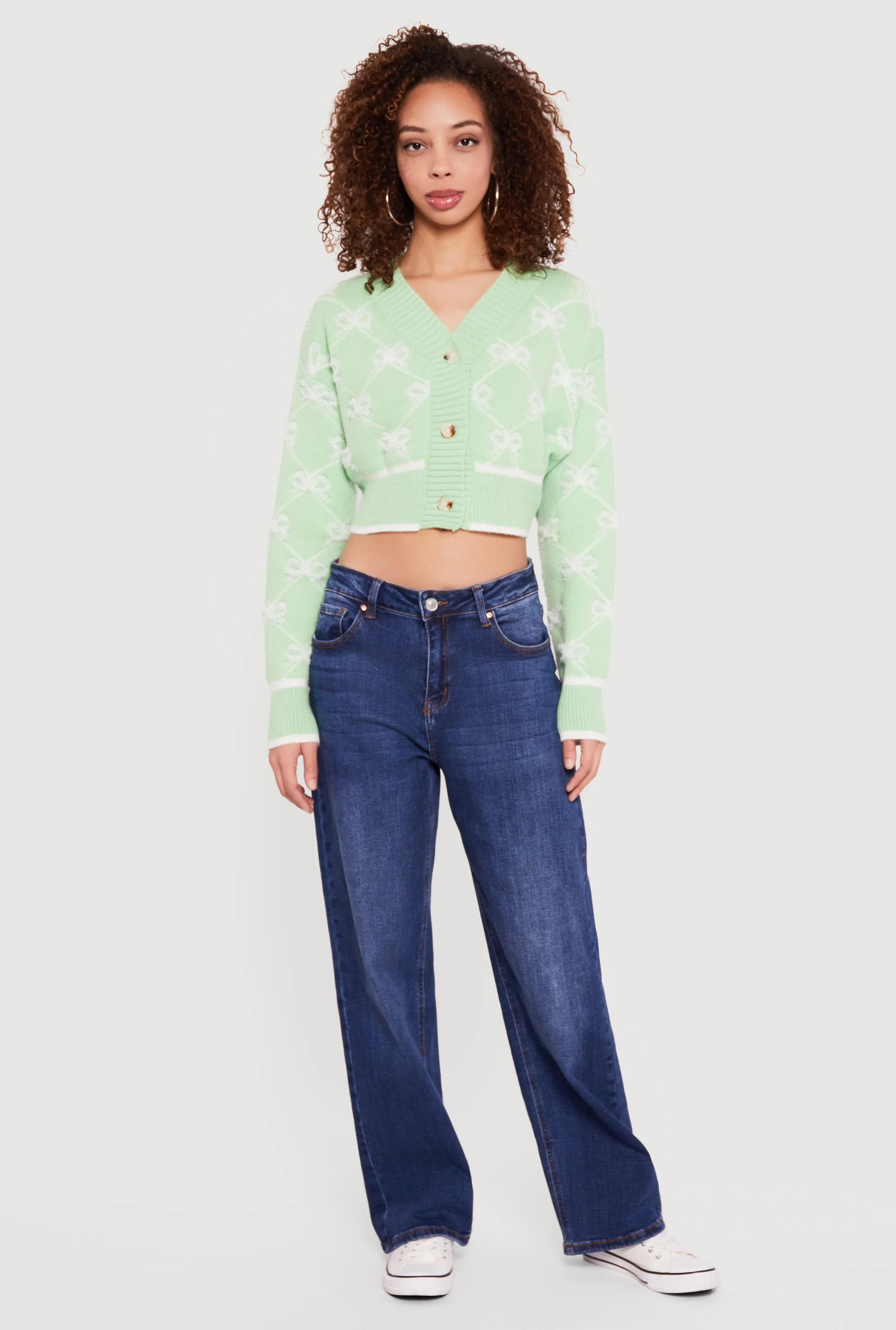 Bow Print Cropped Button Front Cardigan sold by Rainbow