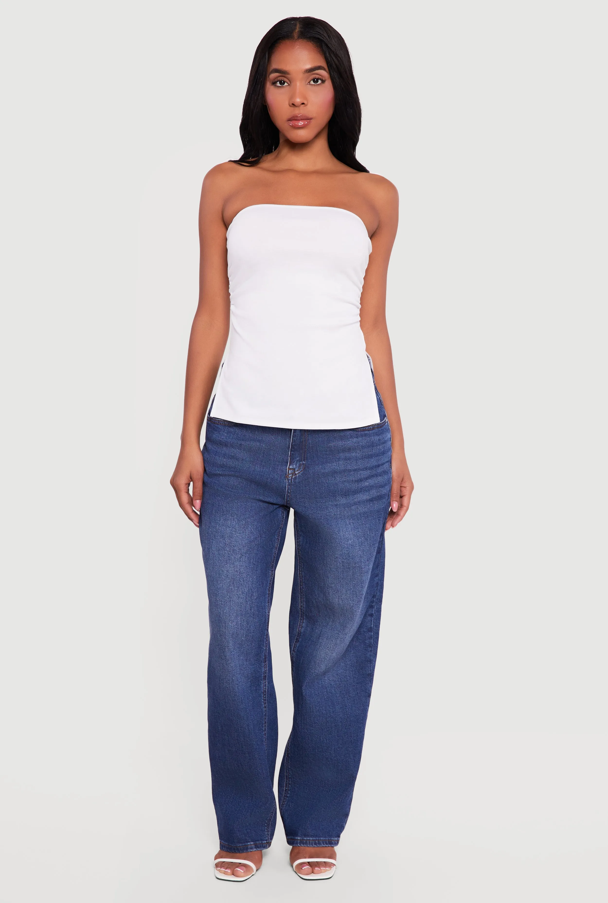 Side Ruched Split Hem Tube Top sold by Rainbow