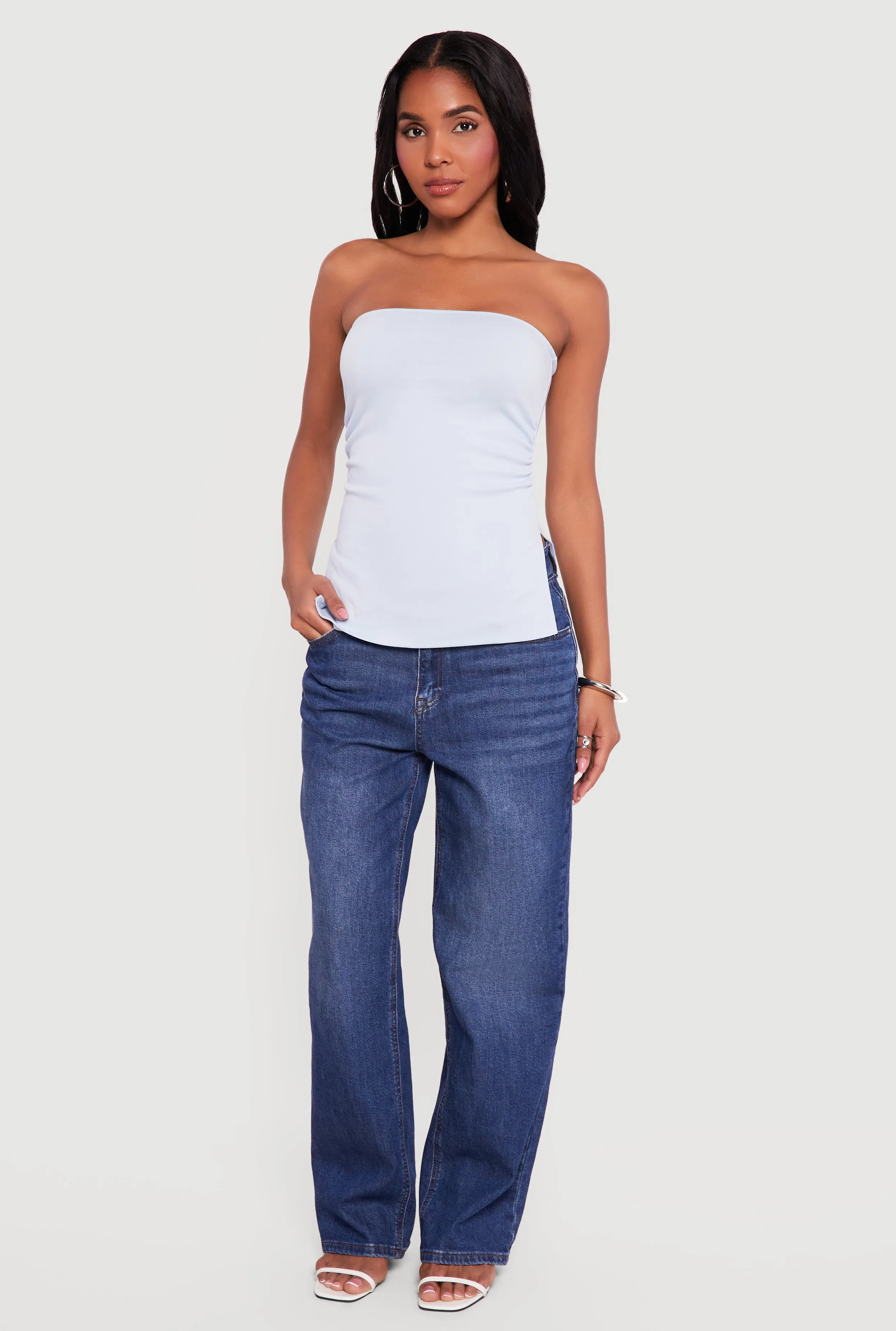 Side Ruched Split Hem Tube Top sold by Rainbow