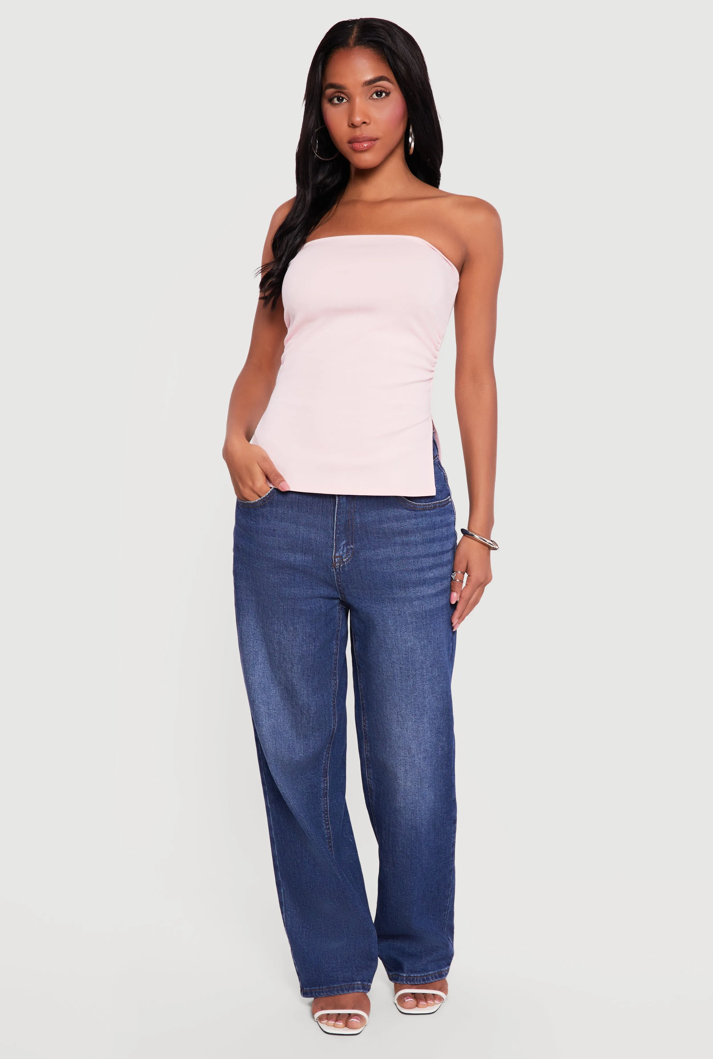 Side Ruched Split Hem Tube Top sold by Rainbow