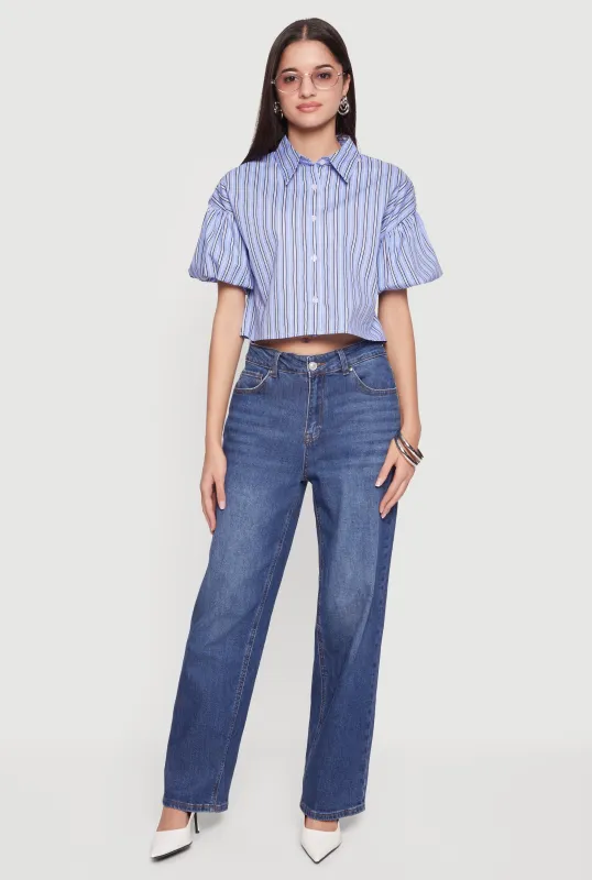 Striped Bubble Sleeve Cropped Blouse sold by Rainbow