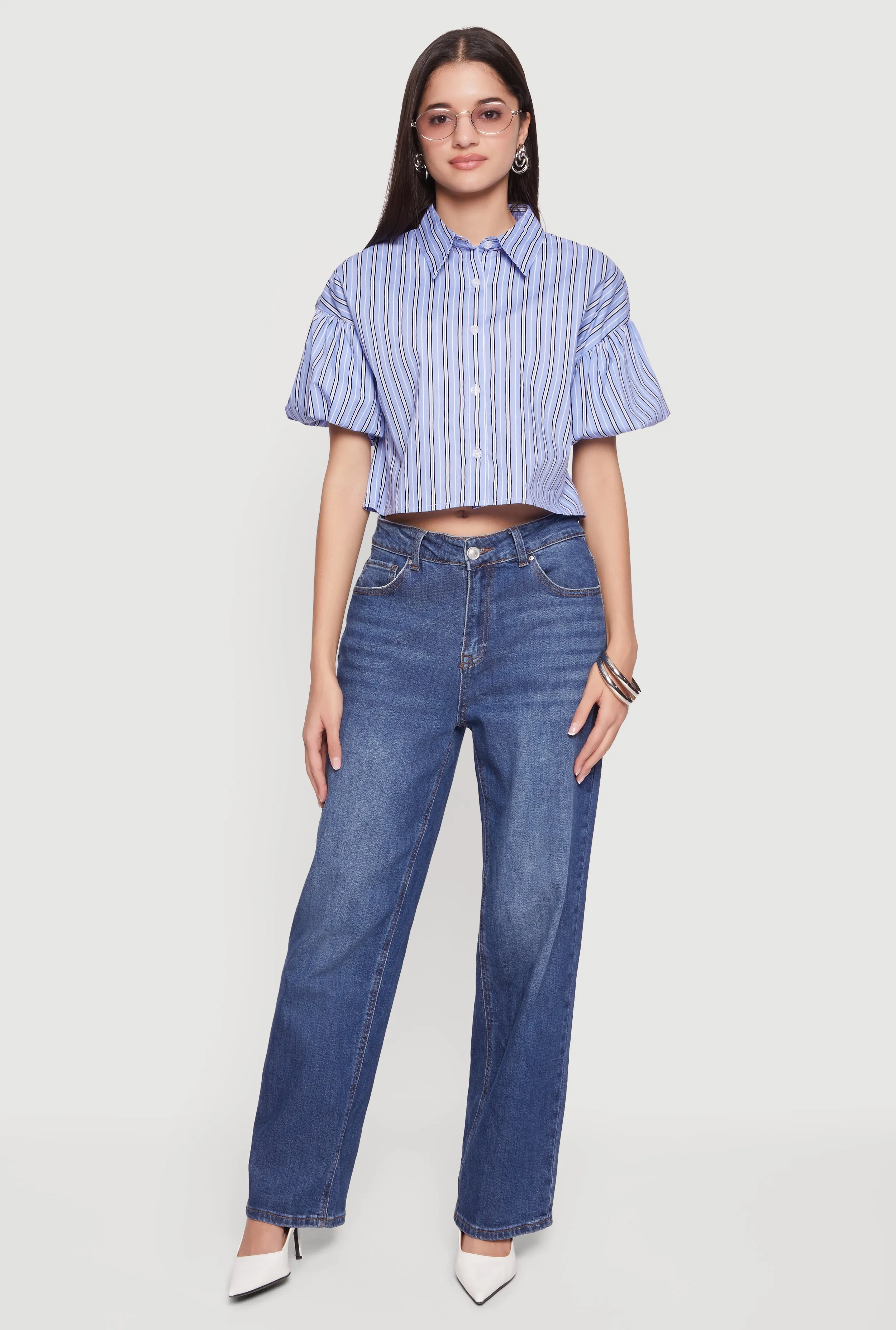 Striped Bubble Sleeve Cropped Blouse sold by Rainbow