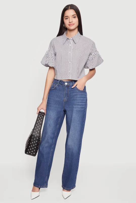 Striped Bubble Sleeve Cropped Blouse sold by Rainbow