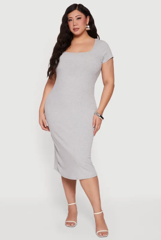 Plus Size Rib Knit Square Neck Midi Dress sold by Rainbow