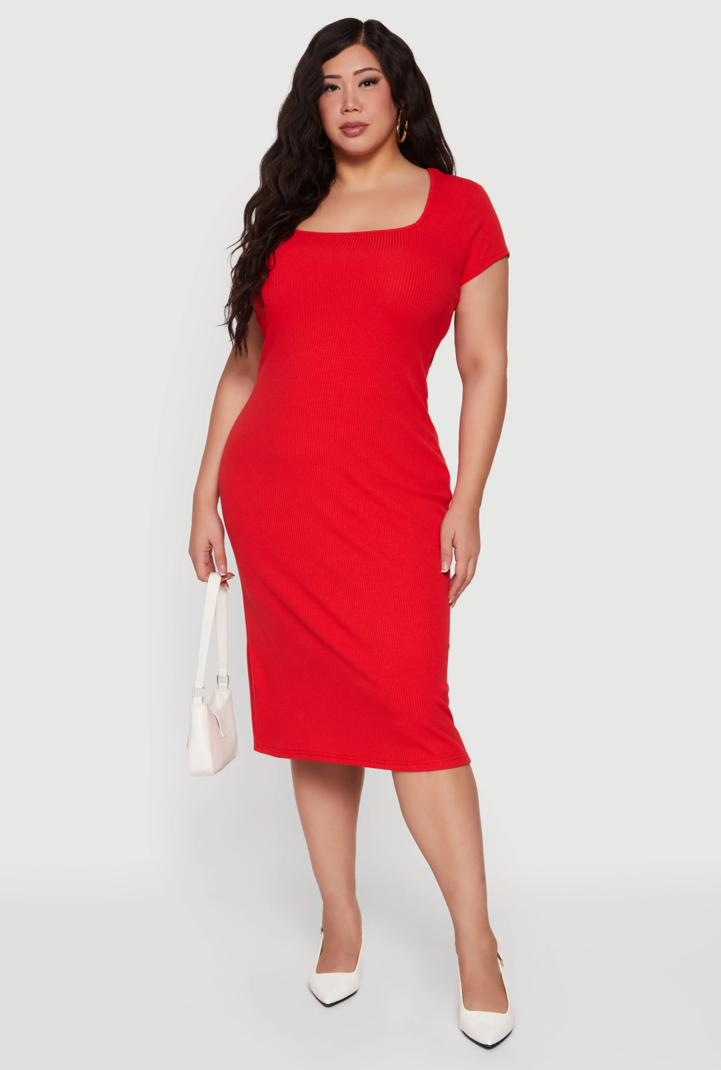 Plus Size Rib Knit Square Neck Midi Dress sold by Rainbow