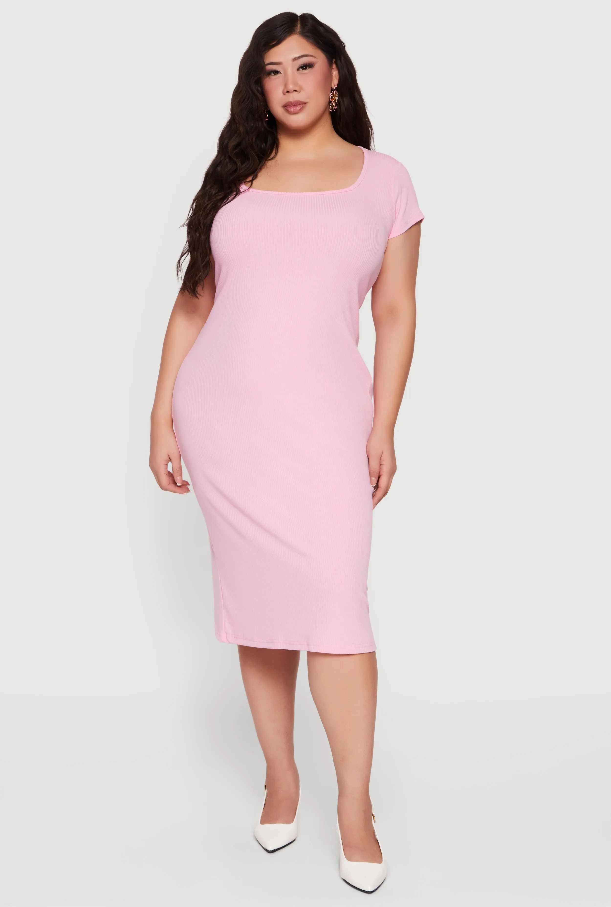 Plus Size Rib Knit Square Neck Midi Dress sold by Rainbow
