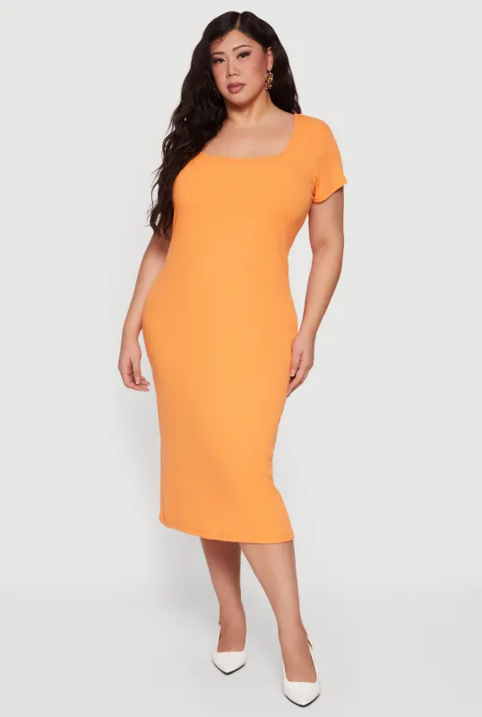 Plus Size Rib Knit Square Neck Midi Dress sold by Rainbow
