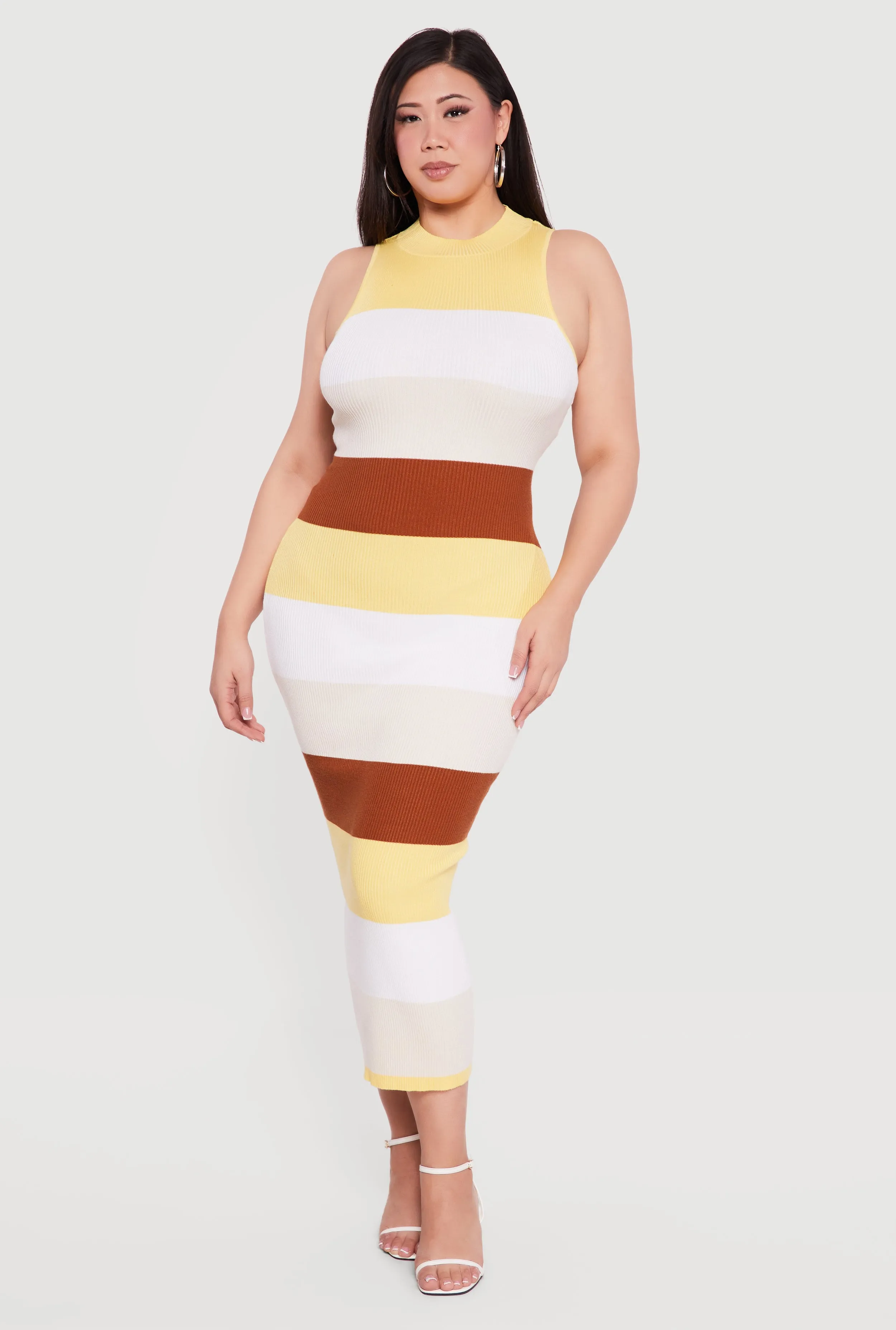 Plus Size Striped Sleeveless Mock Neck Sweater Dress sold by Rainbow