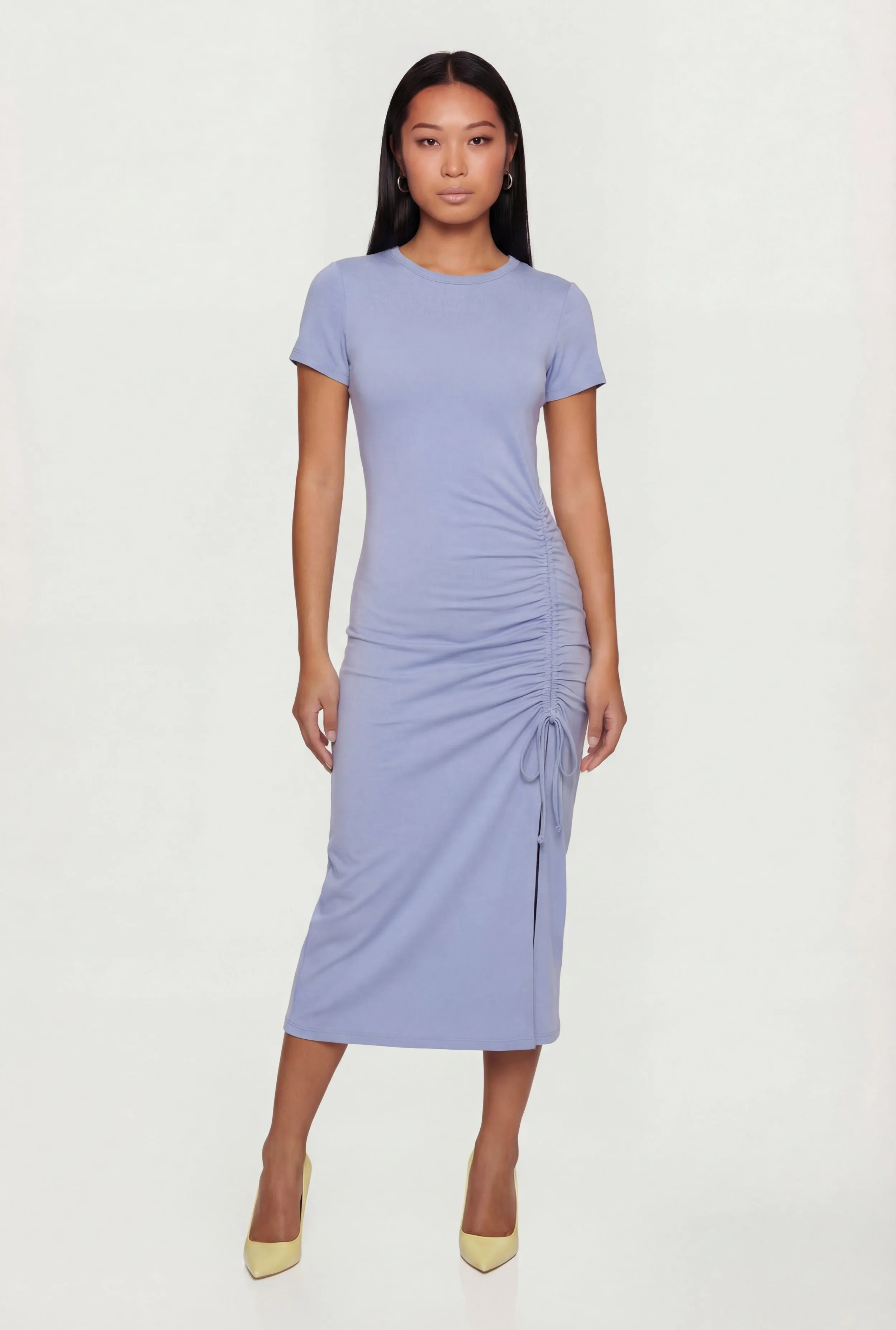 Solid Ruched Drawstring Side Slit Midi Dress sold by Rainbow product image thumbnail 3