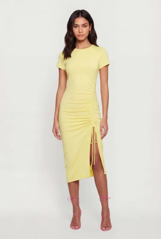 Solid Ruched Drawstring Side Slit Midi Dress sold by Rainbow