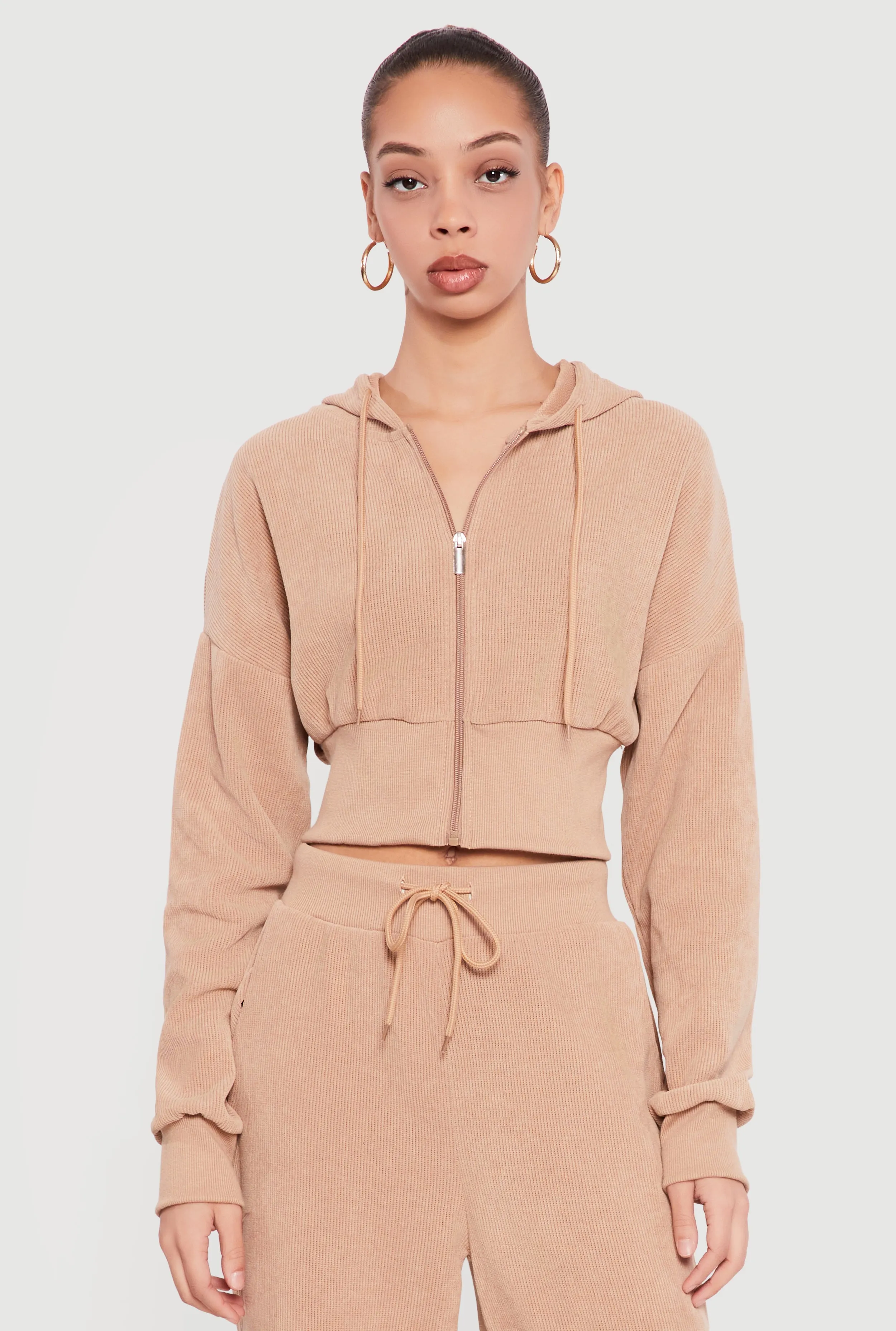 Rib Knit Cropped Zip Front Hoodie sold by Rainbow product image thumbnail 2