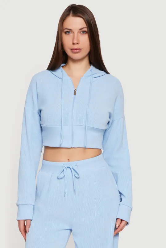 Rib Knit Cropped Zip Front Hoodie sold by Rainbow
