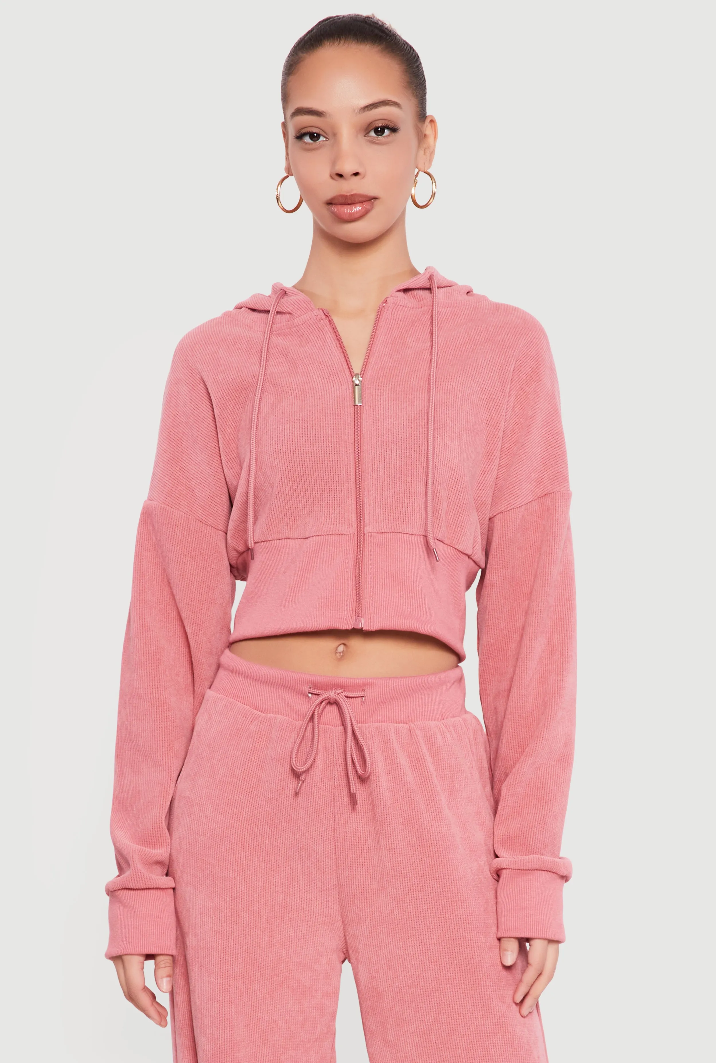 Rib Knit Cropped Zip Front Hoodie sold by Rainbow