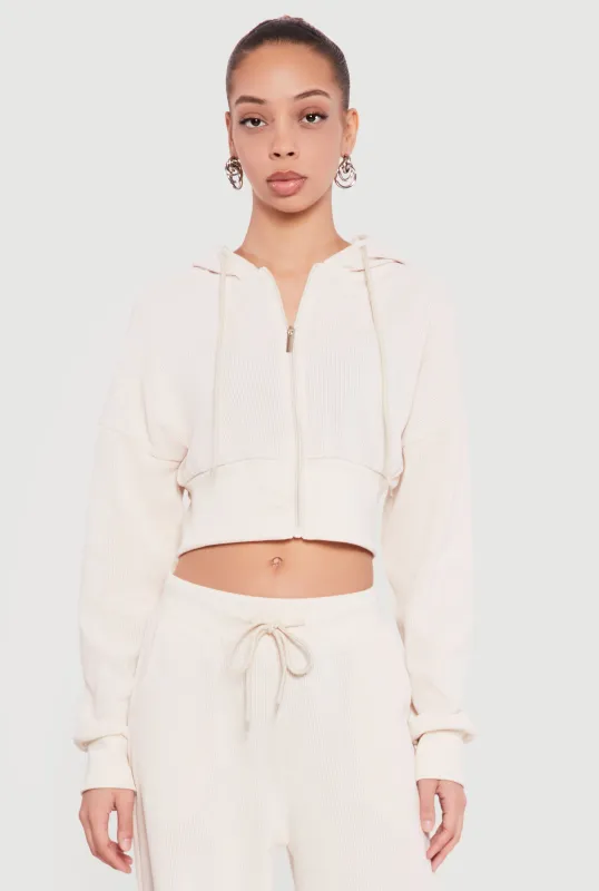 Rib Knit Cropped Zip Front Hoodie sold by Rainbow