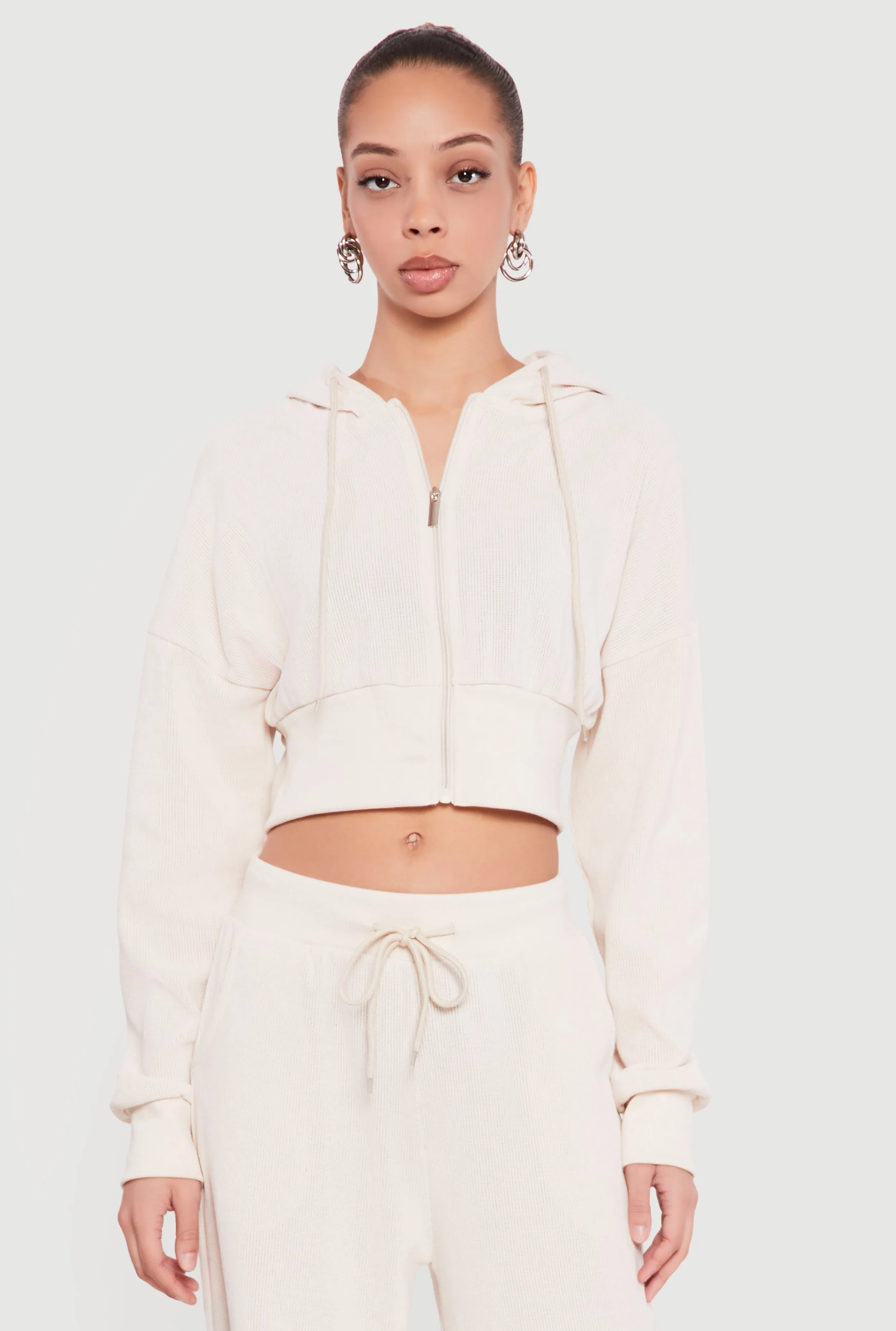 Rib Knit Cropped Zip Front Hoodie sold by Rainbow