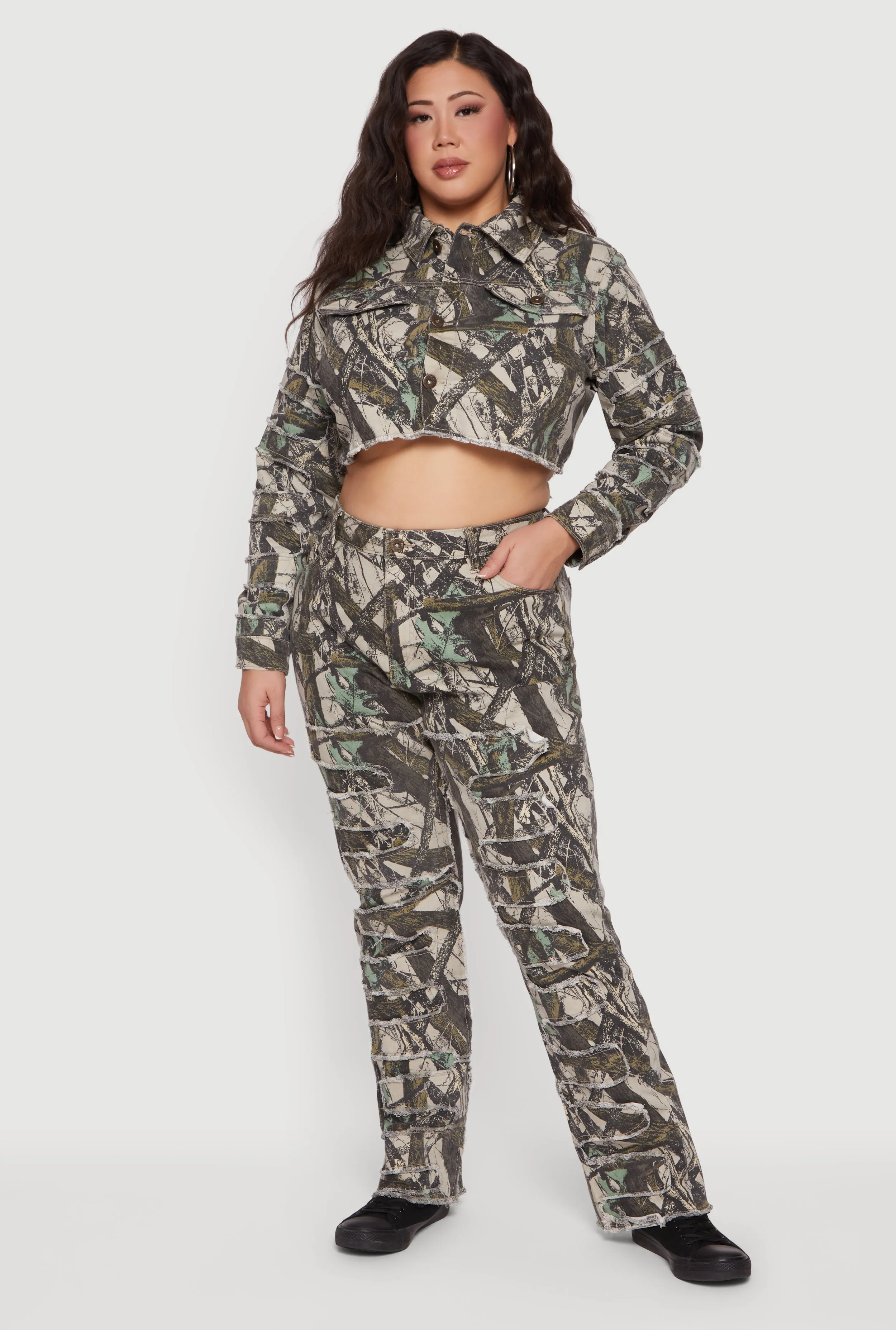 Plus Size Hunter Camo Frayed Patch and Repair Jeans sold by Rainbow