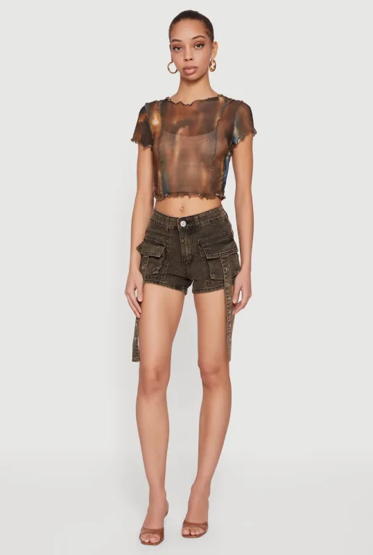 Patterned Mesh Lettuce Edge Crop Top sold by Rainbow