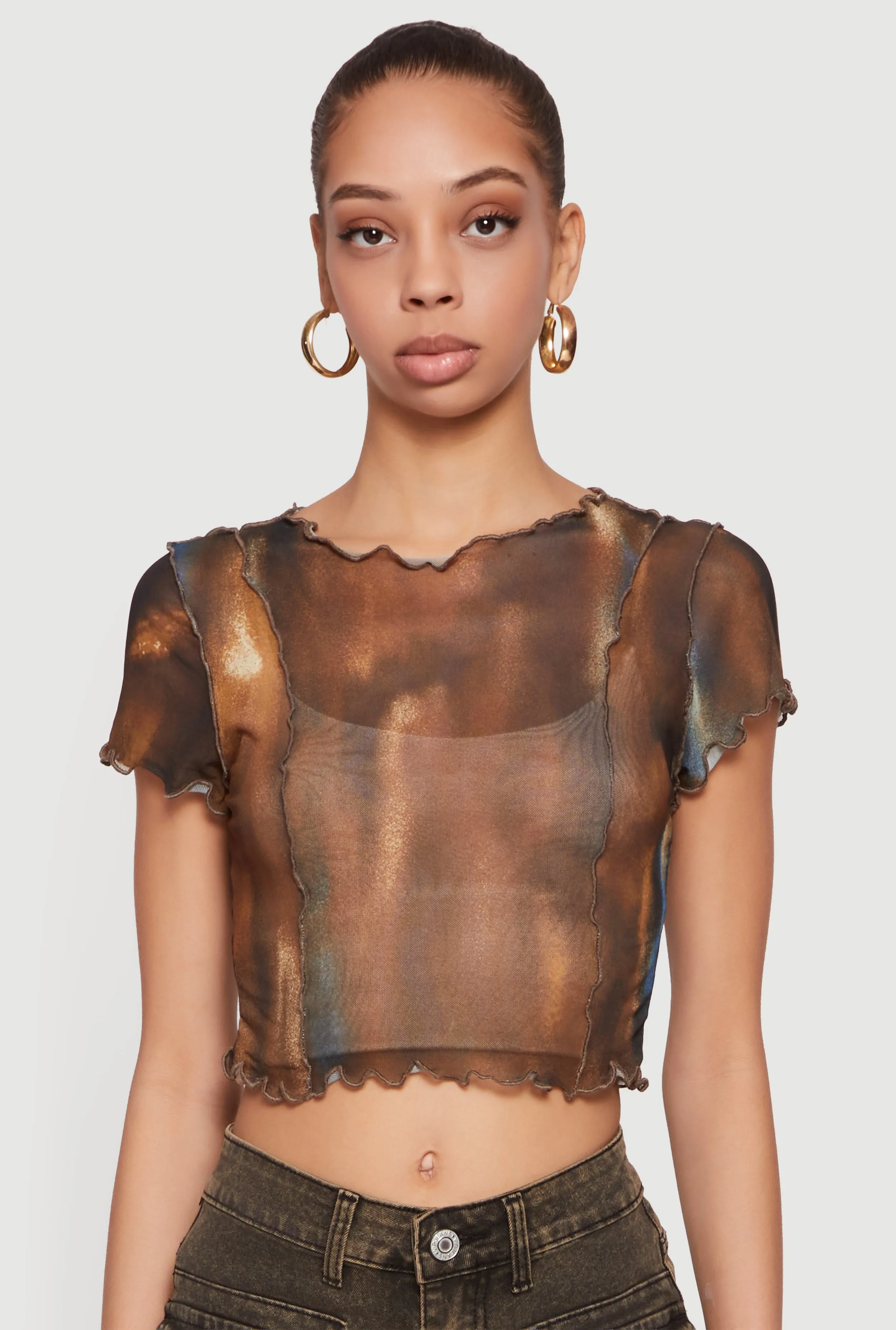 Patterned Mesh Lettuce Edge Crop Top sold by Rainbow product image thumbnail 2
