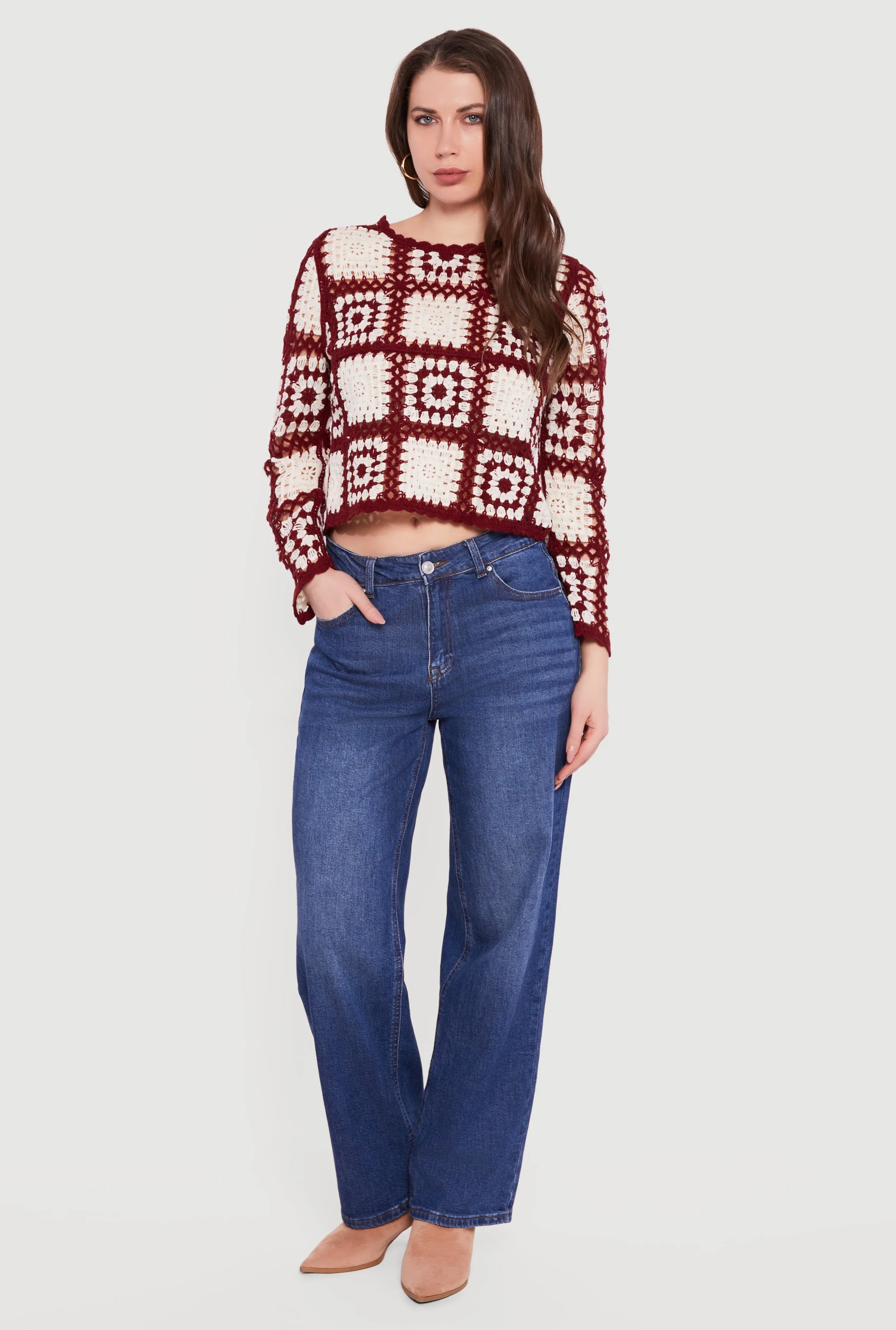 Geometric Crochet Cropped Long Sleeve Sweater sold by Rainbow