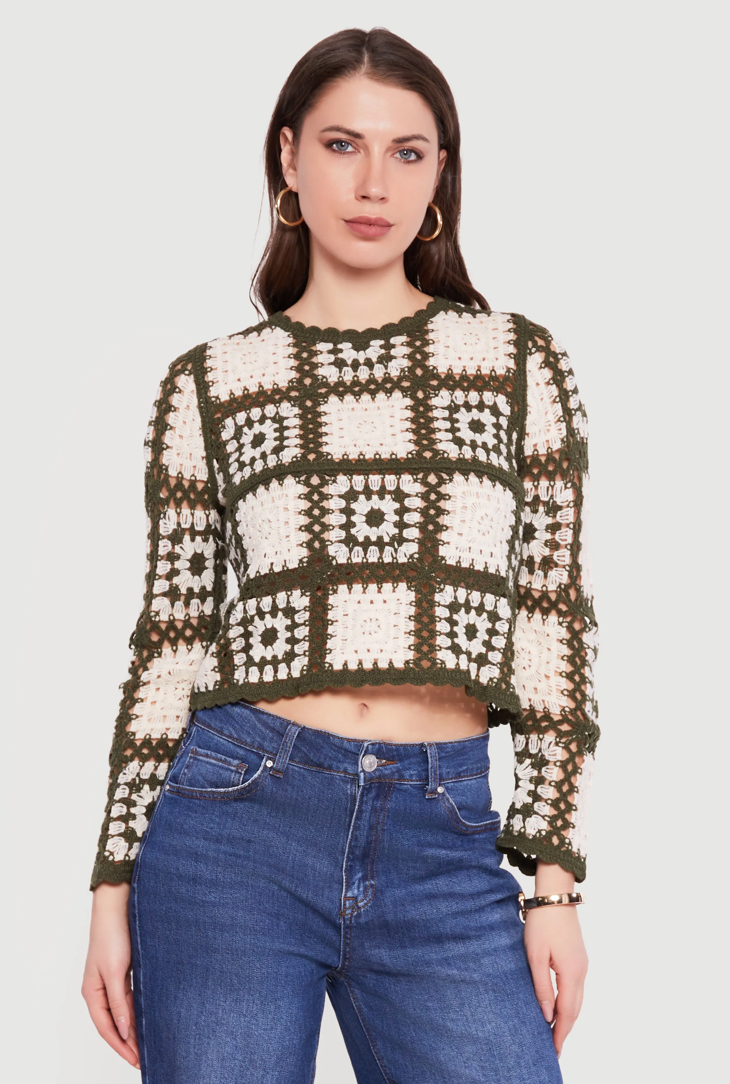 Geometric Crochet Cropped Long Sleeve Sweater sold by Rainbow product image thumbnail 2