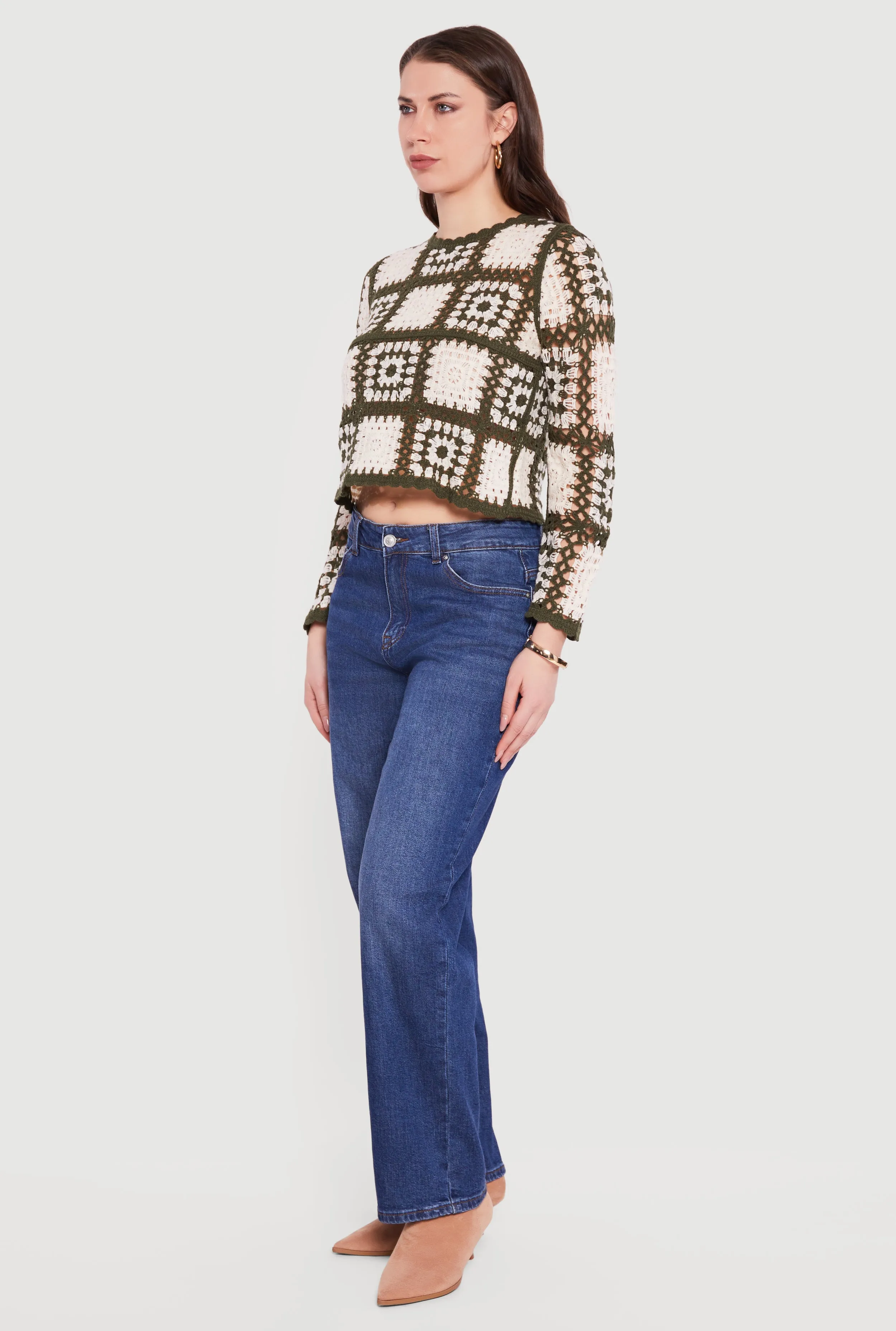 Geometric Crochet Cropped Long Sleeve Sweater sold by Rainbow product image thumbnail 3