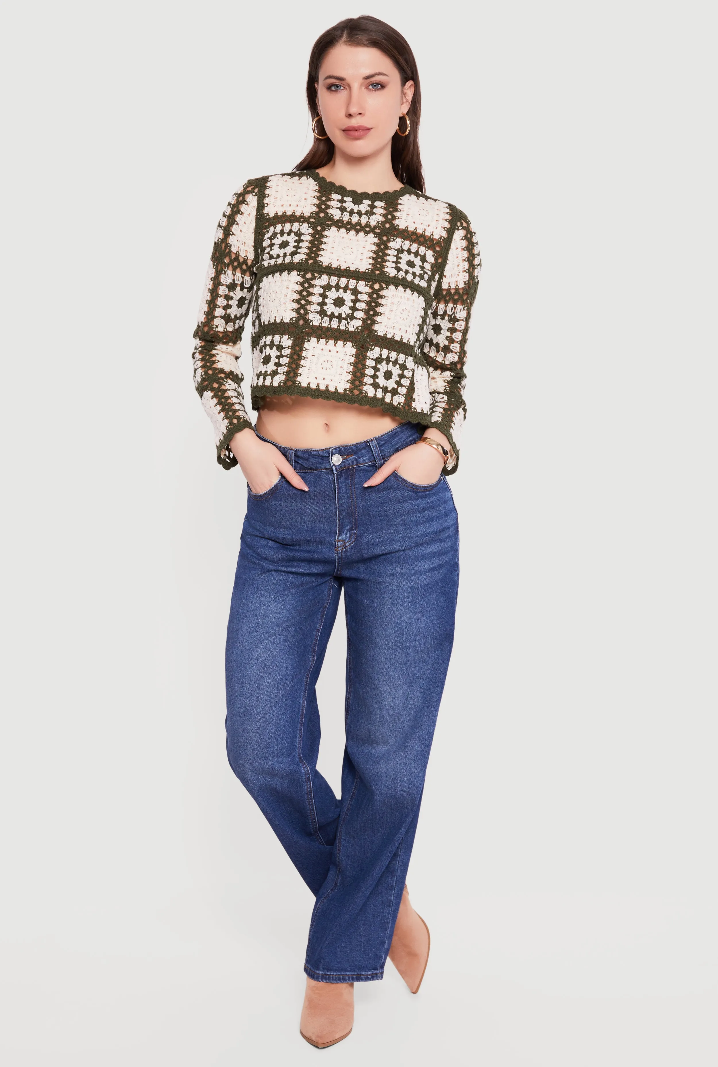 Geometric Crochet Cropped Long Sleeve Sweater sold by Rainbow