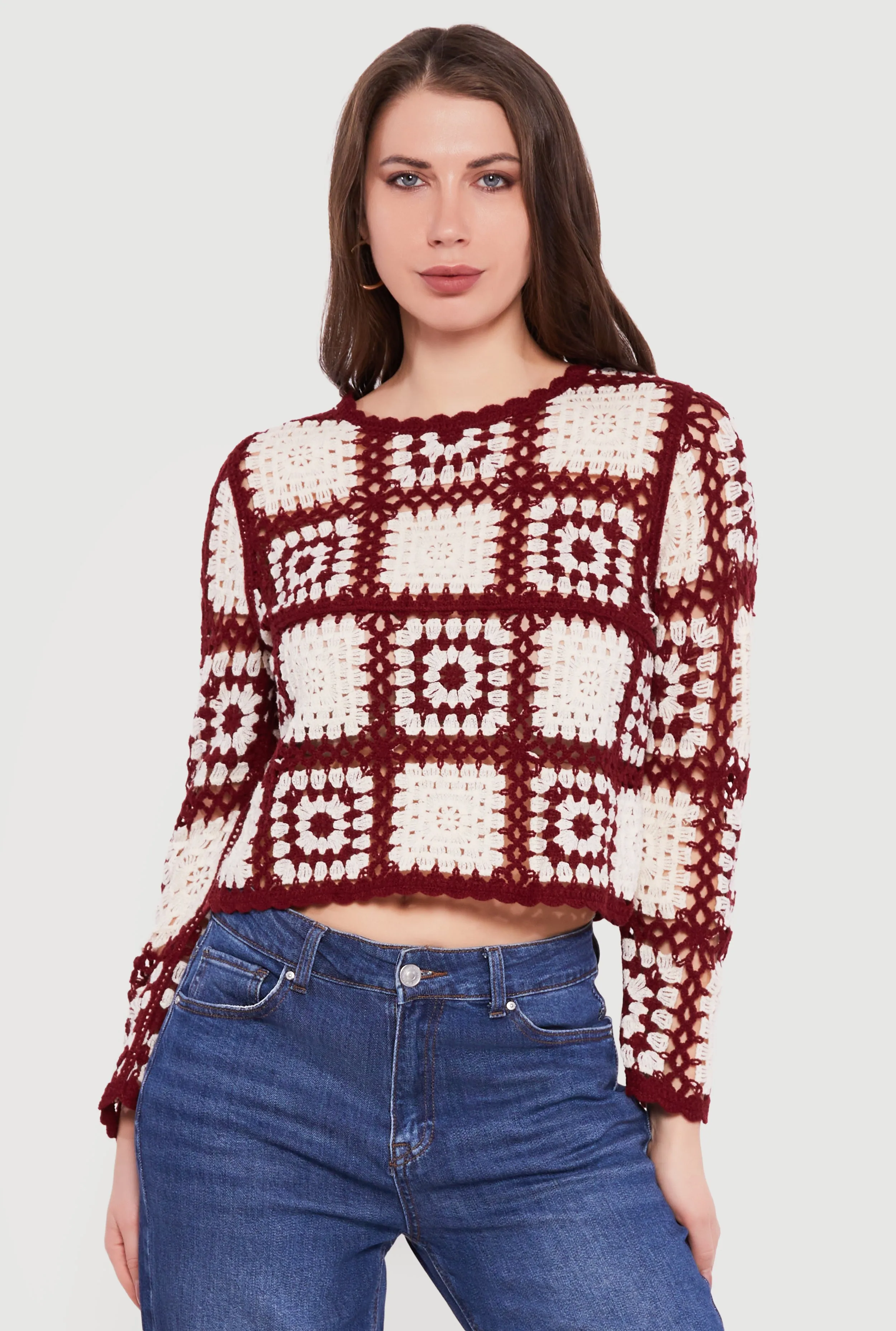Geometric Crochet Cropped Long Sleeve Sweater sold by Rainbow product image thumbnail 2