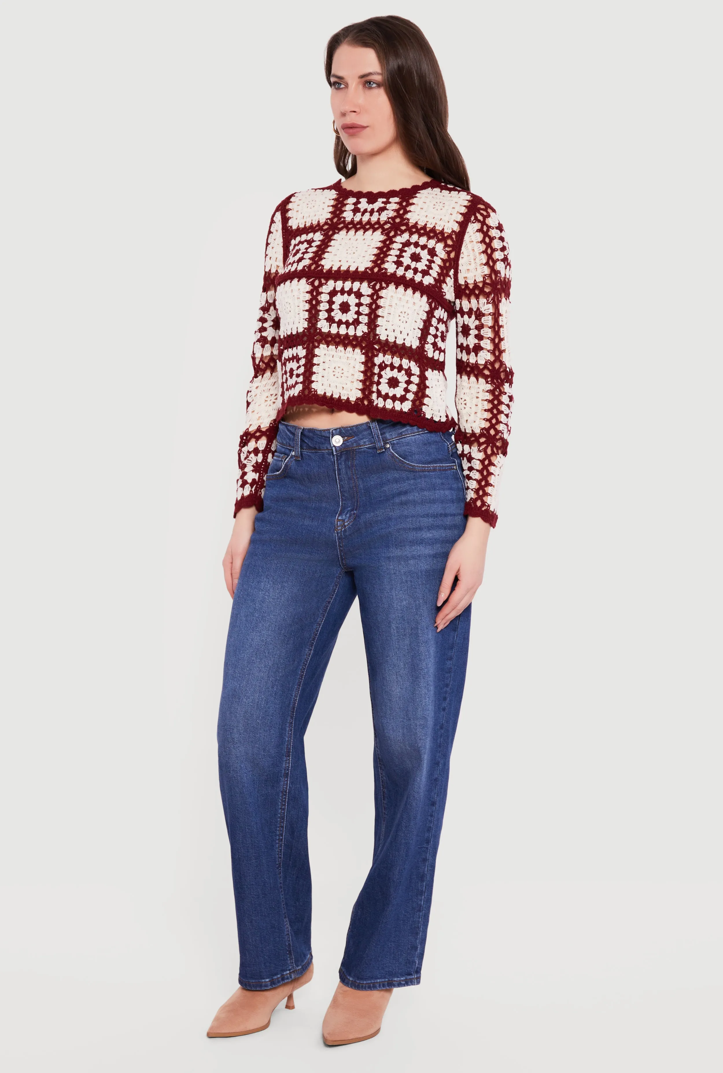 Geometric Crochet Cropped Long Sleeve Sweater sold by Rainbow product image thumbnail 3