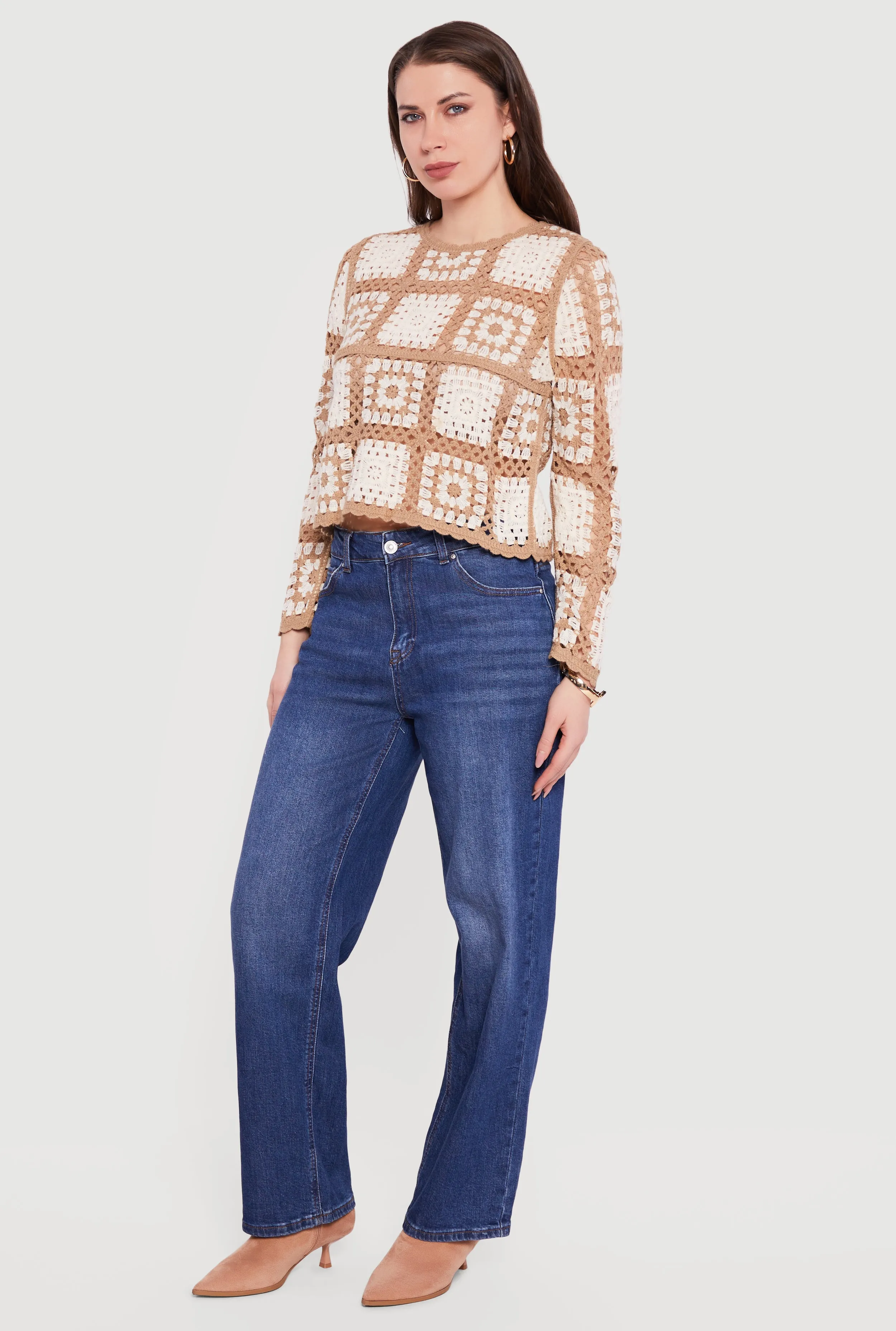 Geometric Crochet Cropped Long Sleeve Sweater sold by Rainbow product image thumbnail 3