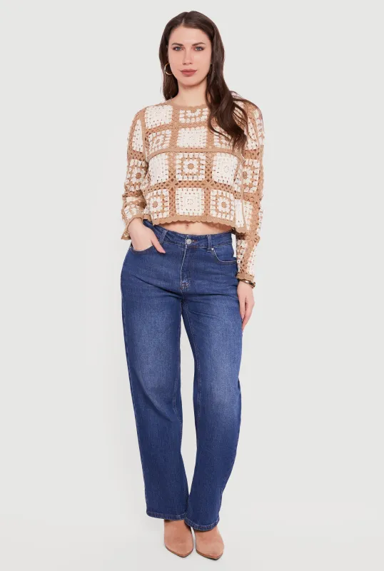 Geometric Crochet Cropped Long Sleeve Sweater sold by Rainbow