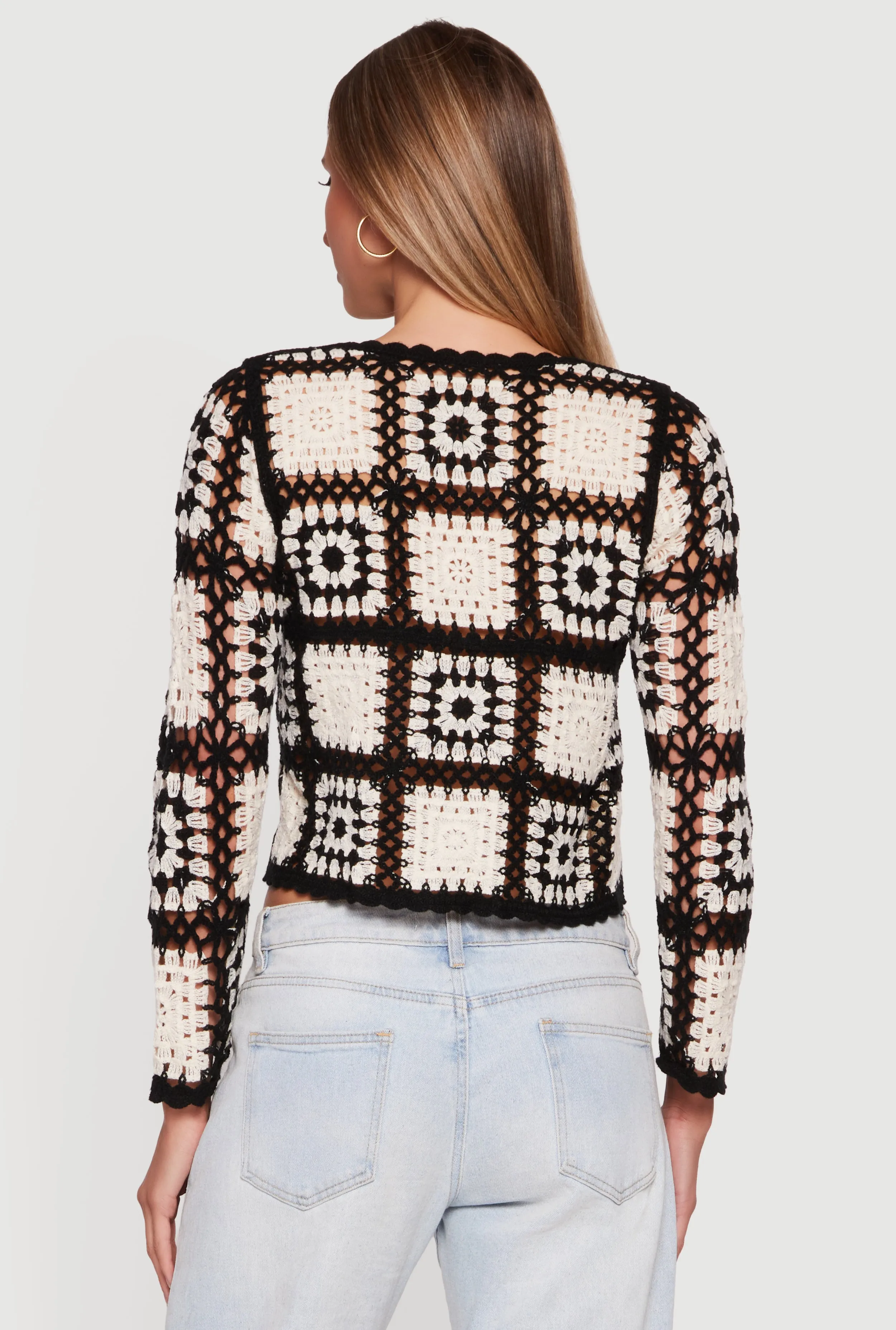 Geometric Crochet Cropped Long Sleeve Sweater sold by Rainbow product image thumbnail 5